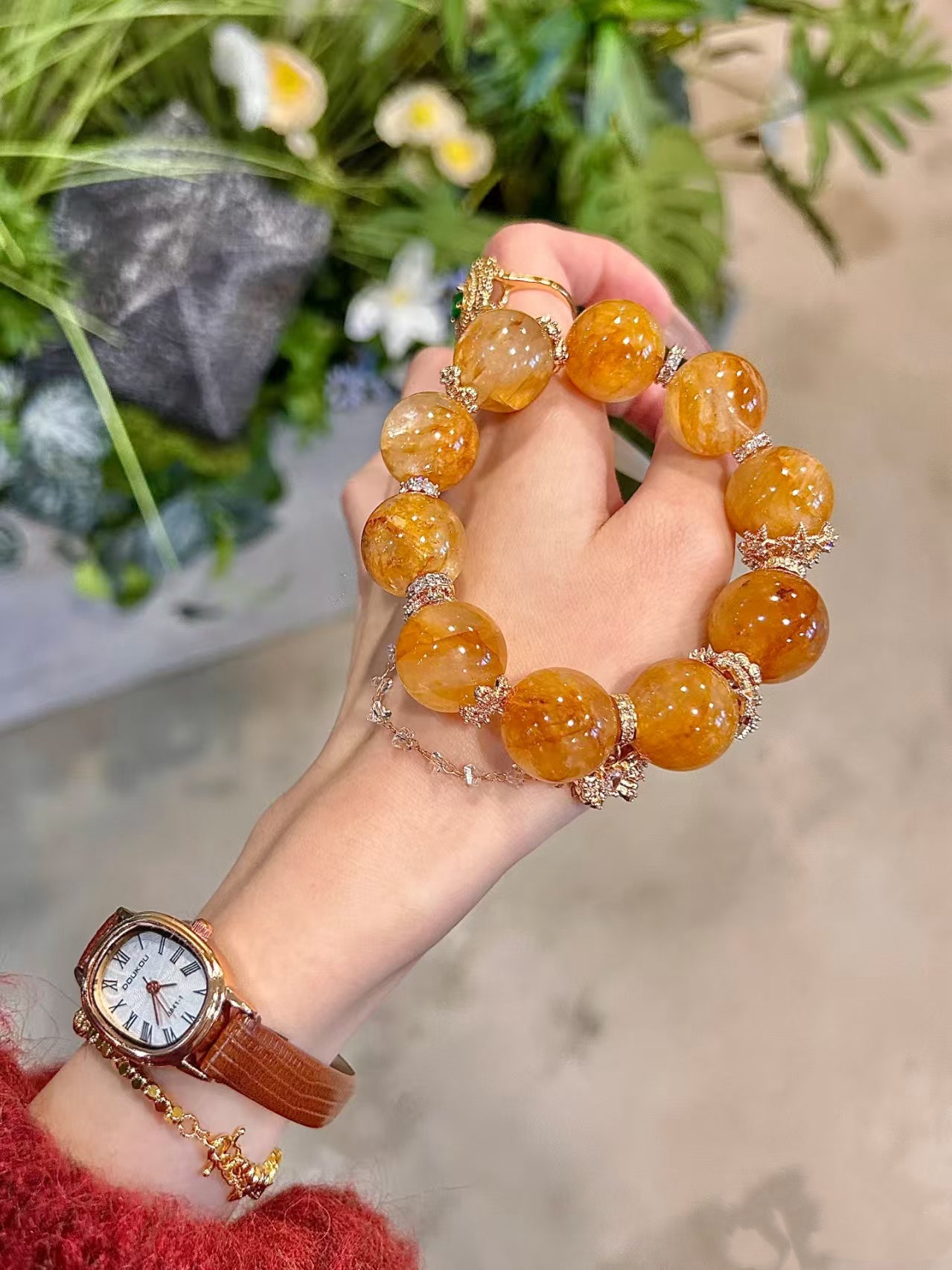 Golden Blossom Energy: Yellow Rubber Flower Crystal Bracelet