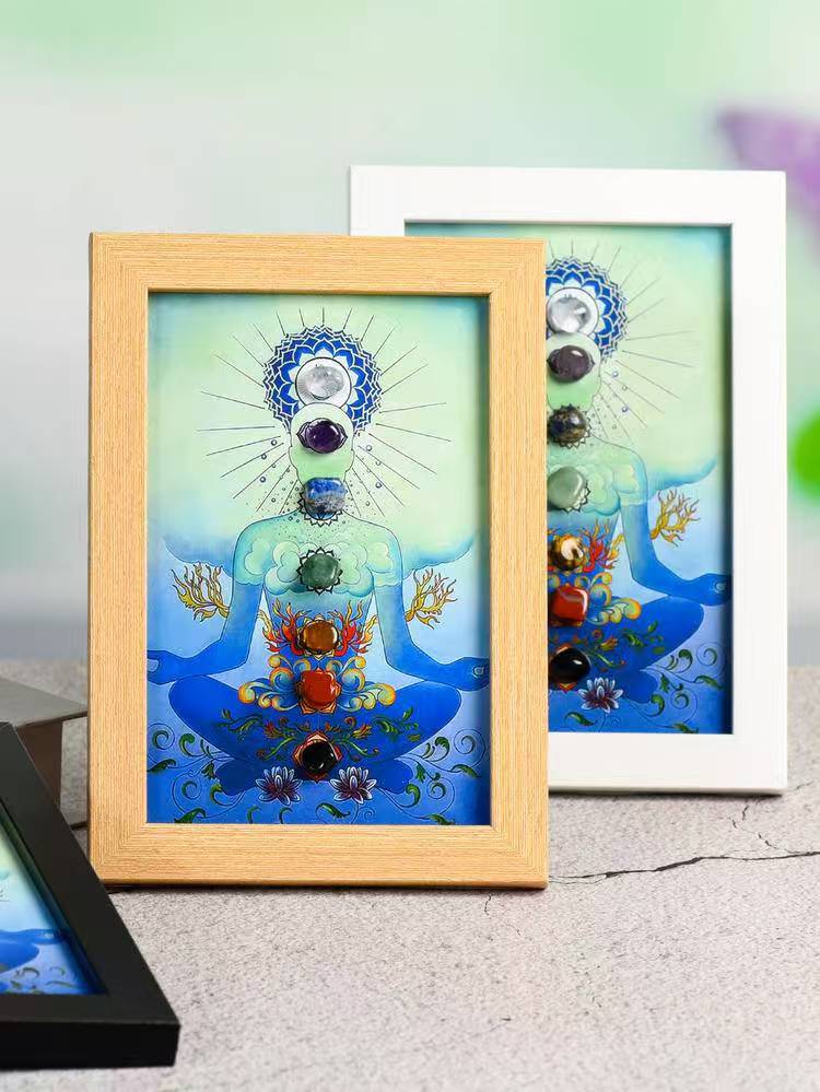 Seven Chakras Crystal Artwork in Wooden Frame