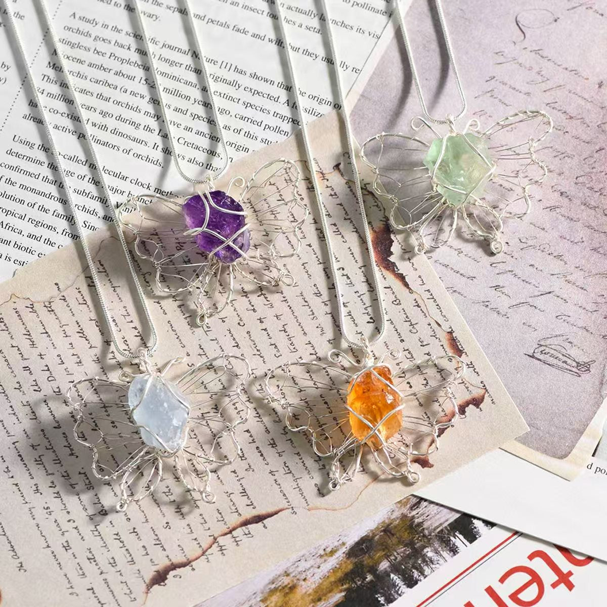 Wire - Wrapped Butterfly - Style Raw Crystal Pendant Necklaces