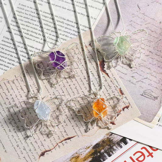 Wire - Wrapped Butterfly - Style Raw Crystal Pendant Necklaces