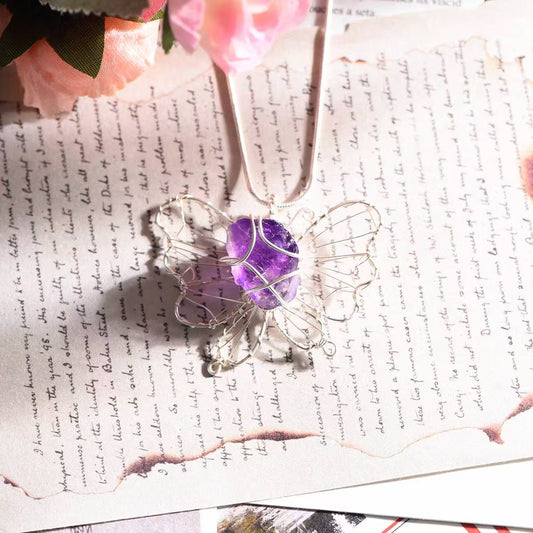 Wire - Wrapped Butterfly - Style Raw Crystal Pendant Necklaces