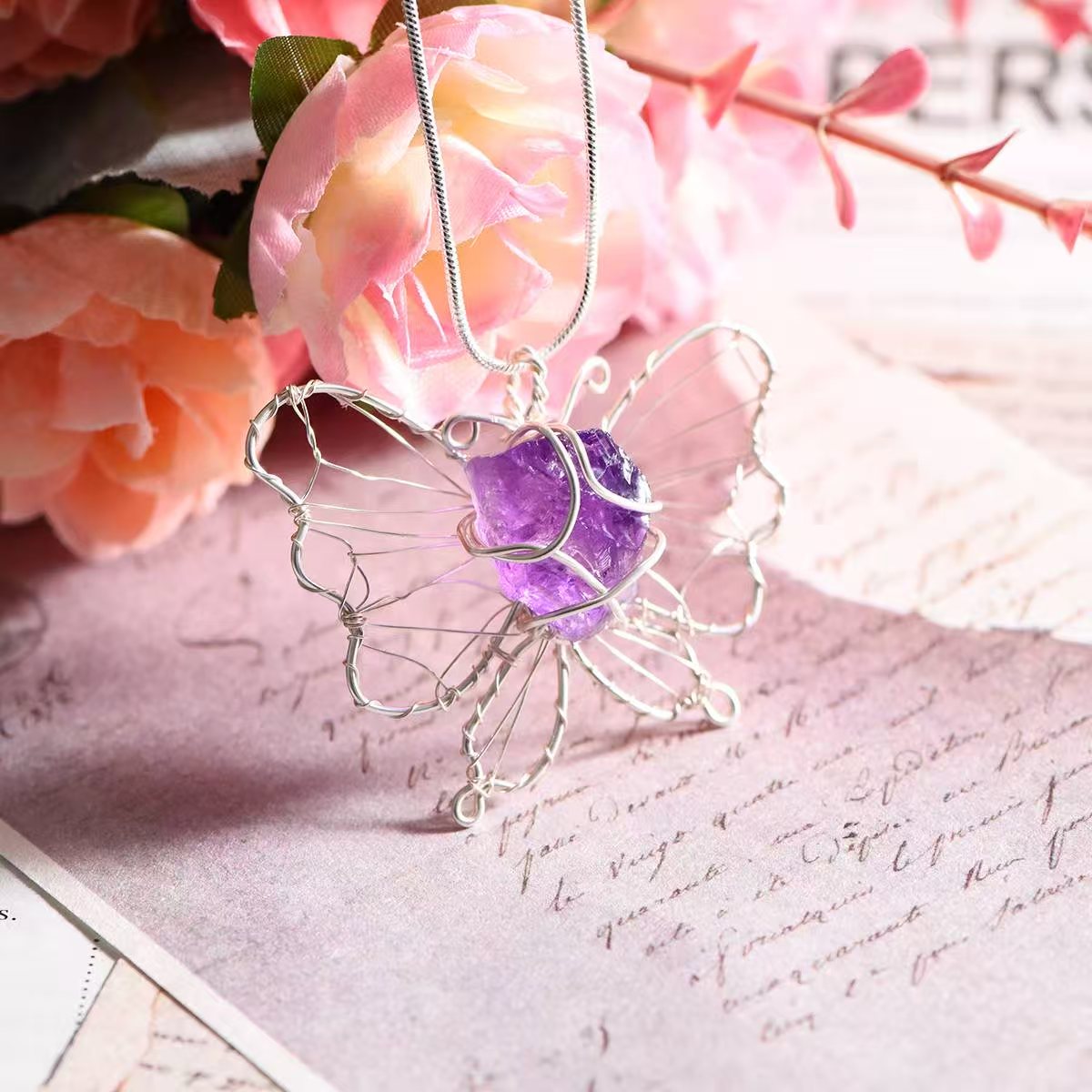 Wire - Wrapped Butterfly - Style Raw Crystal Pendant Necklaces