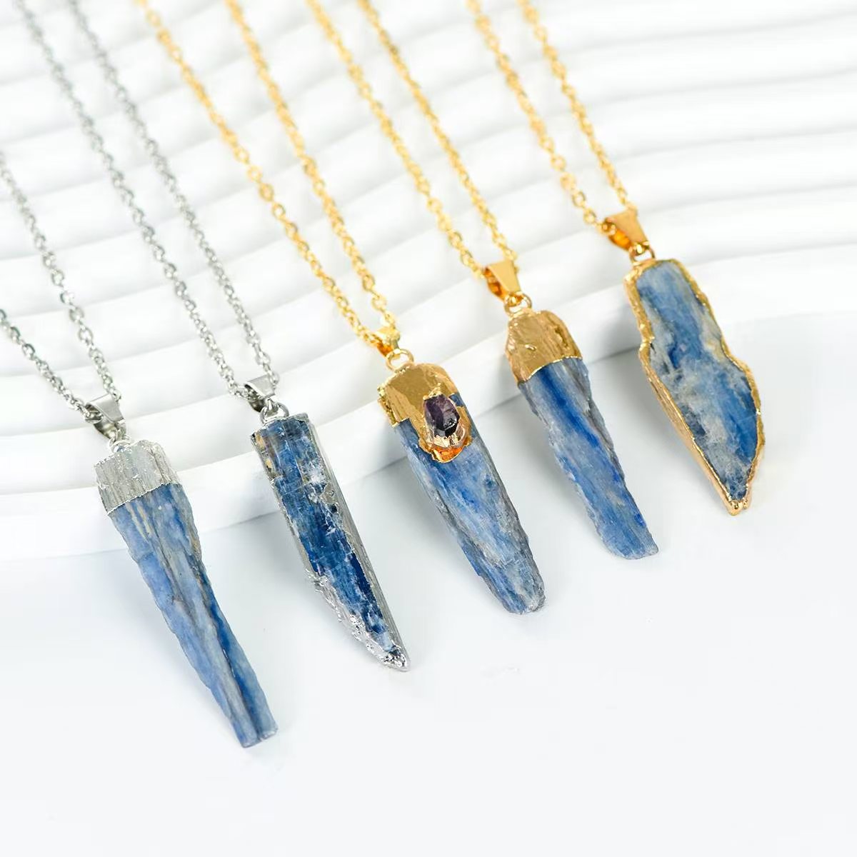 Raw Kyanite Crystal Electroplated Pendant Necklaces