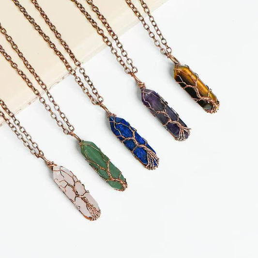 Wire - Wrapped Hexagonal Prism Crystal Pendant Necklace