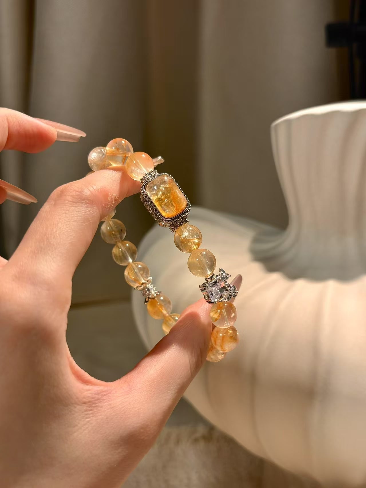 Golden Radiance: Flower - in - Resin Crystal and Gemstone Embellished Bracelet
