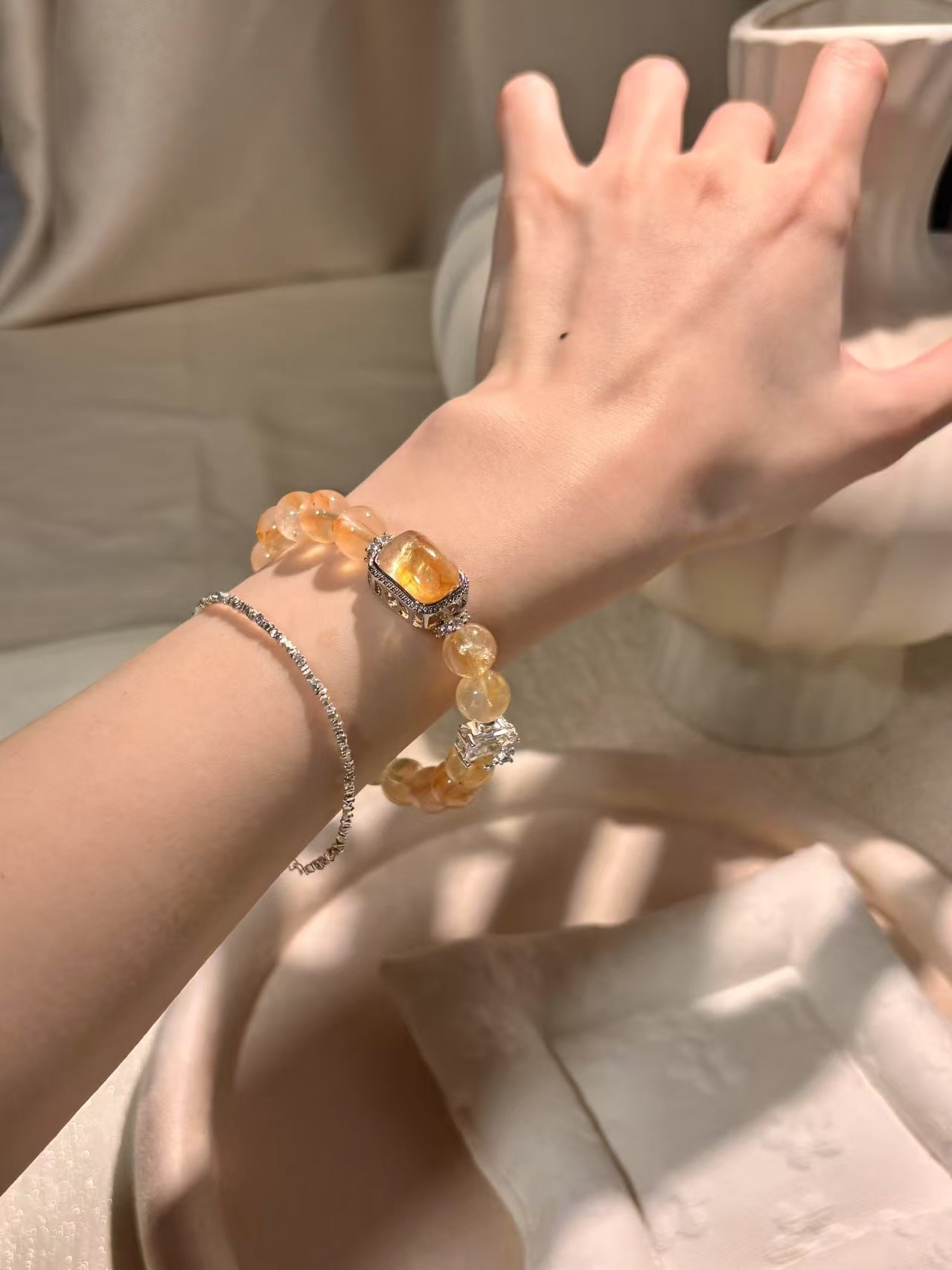 Golden Radiance: Flower - in - Resin Crystal and Gemstone Embellished Bracelet