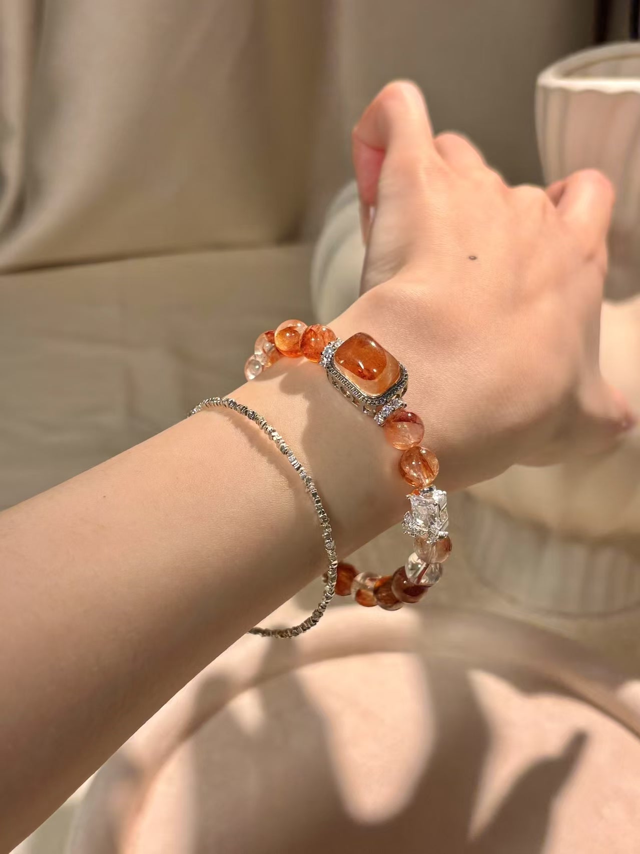 Golden Radiance: Flower - in - Resin Crystal and Gemstone Embellished Bracelet