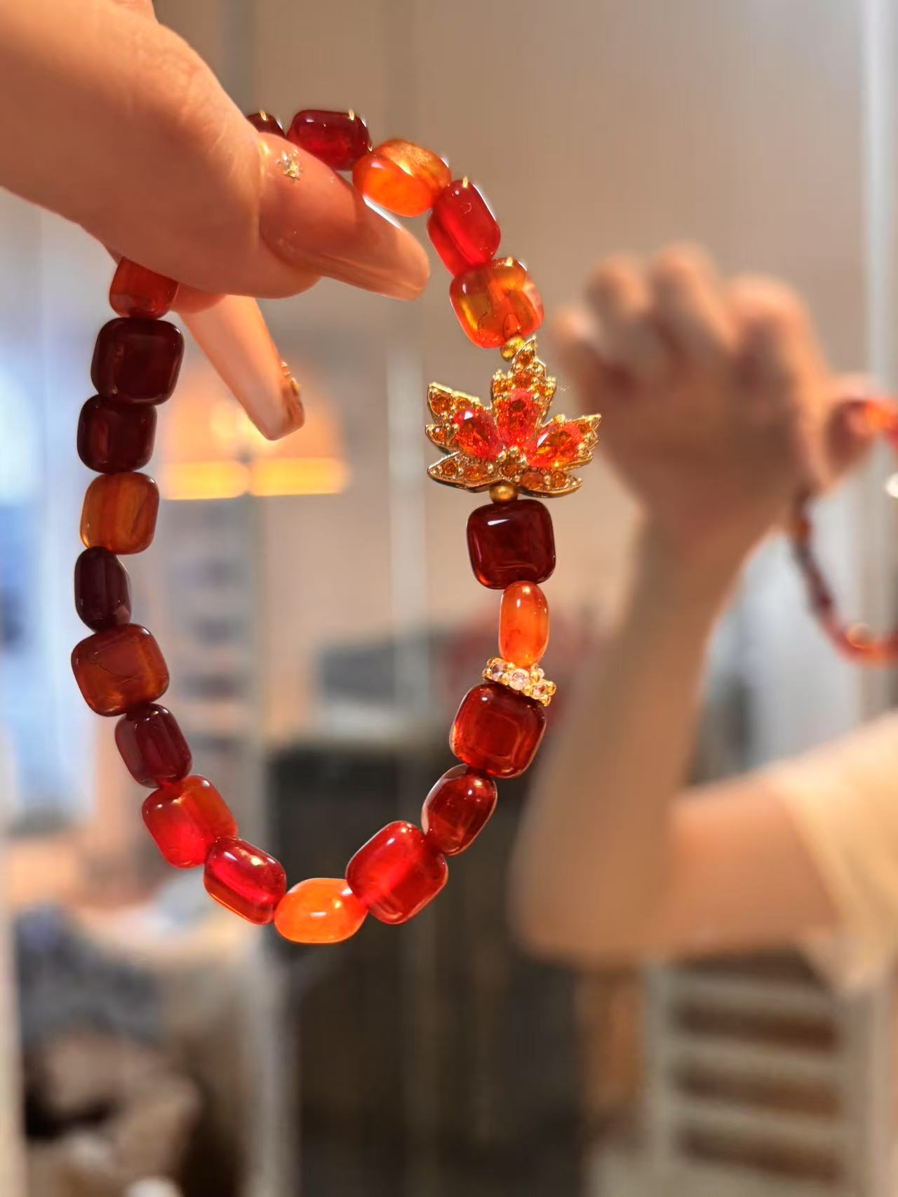 Autumn Radiance: Little Mimi Red Agate Maple Leaf Charm Bracelet
