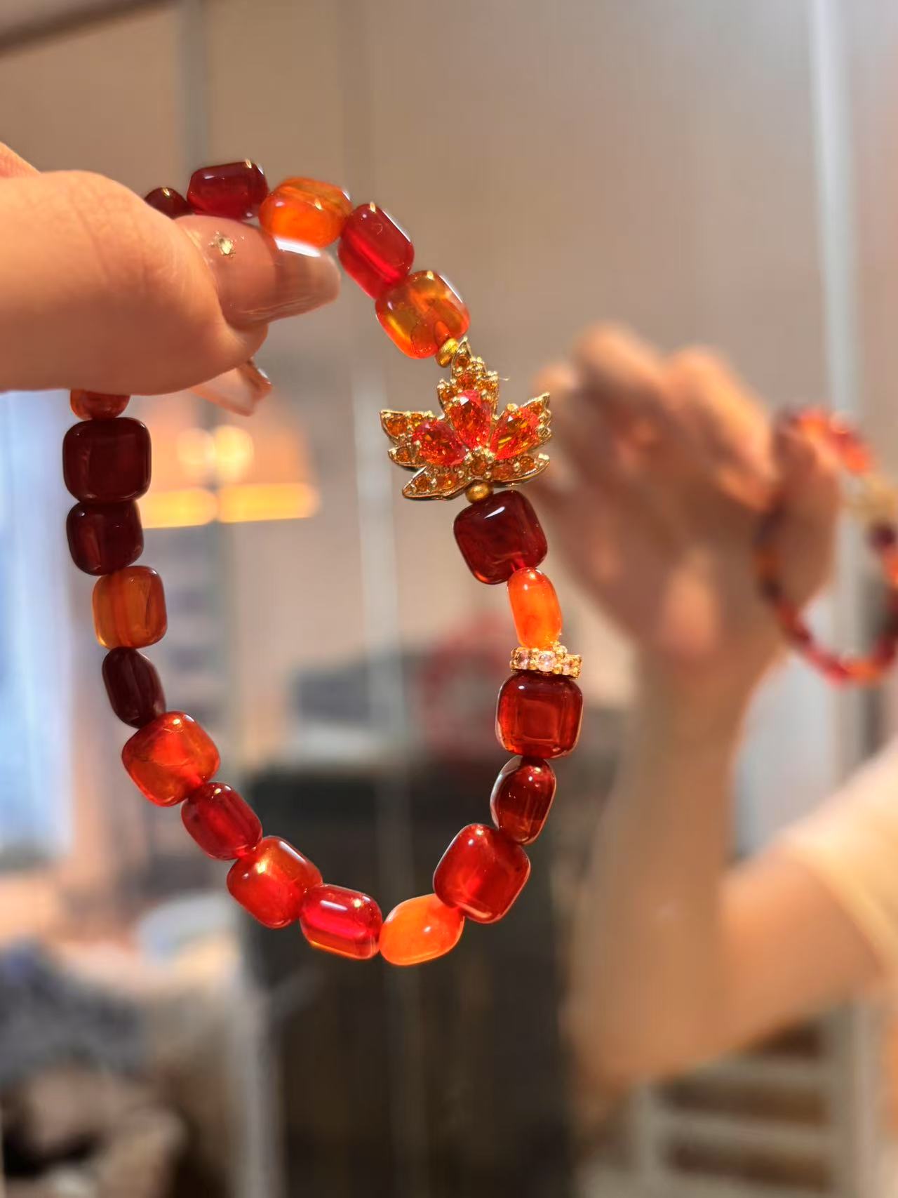 Autumn Radiance: Little Mimi Red Agate Maple Leaf Charm Bracelet