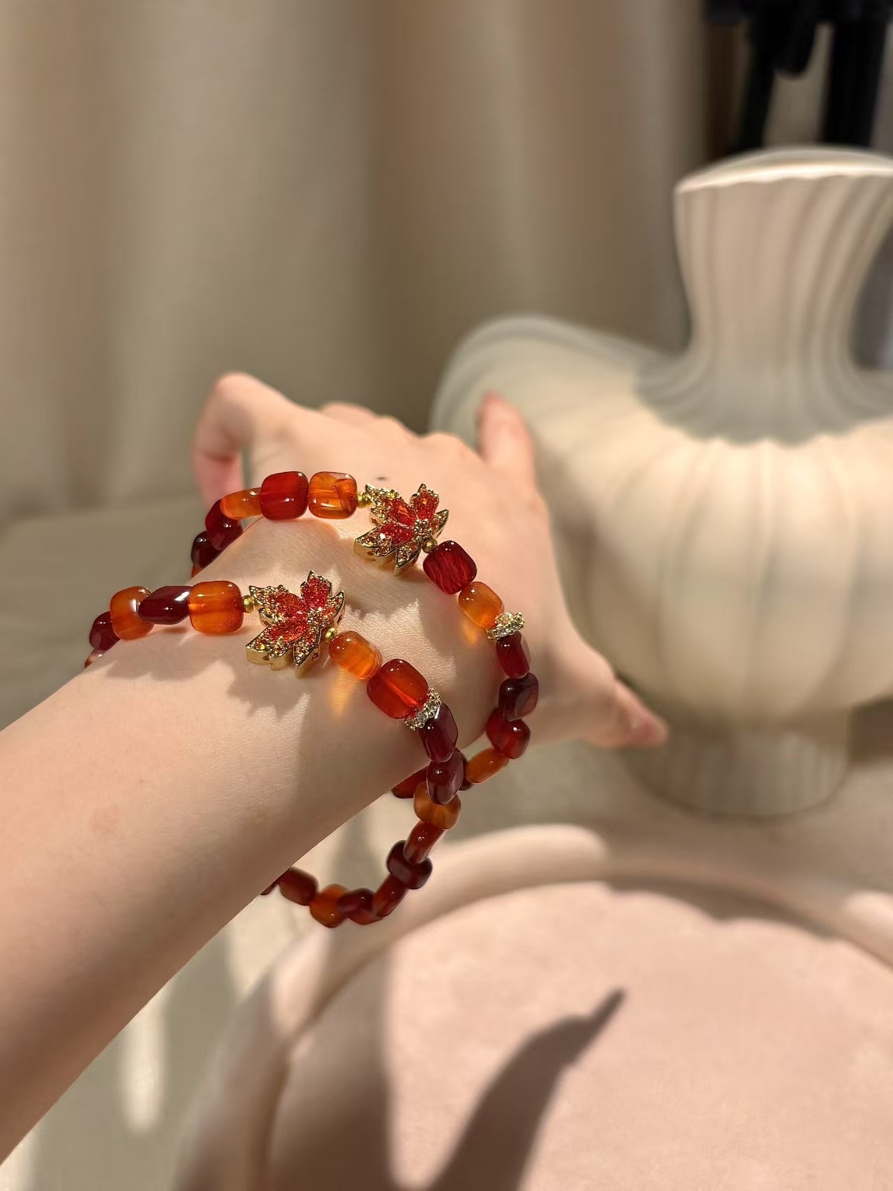 Autumn Radiance: Little Mimi Red Agate Maple Leaf Charm Bracelet