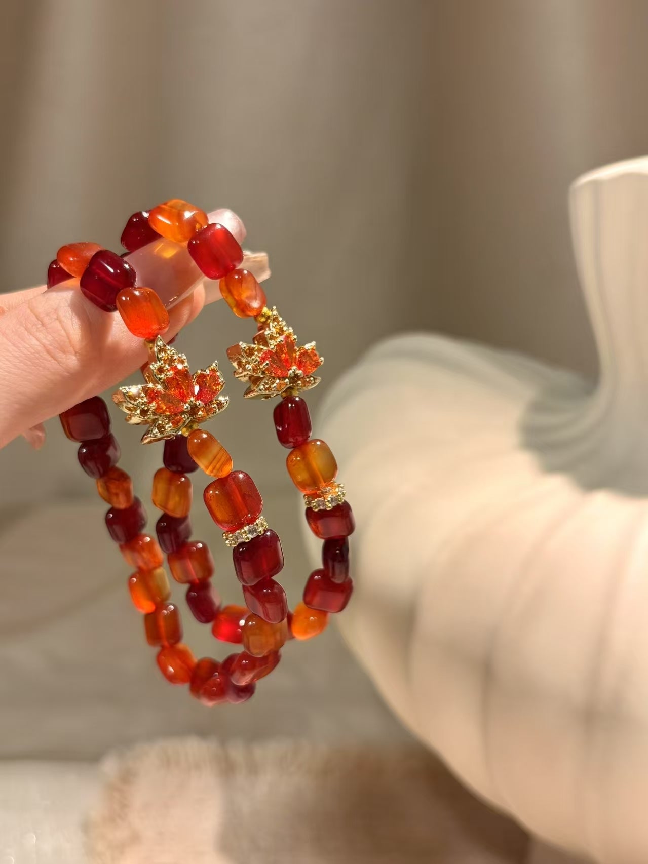 Autumn Radiance: Little Mimi Red Agate Maple Leaf Charm Bracelet