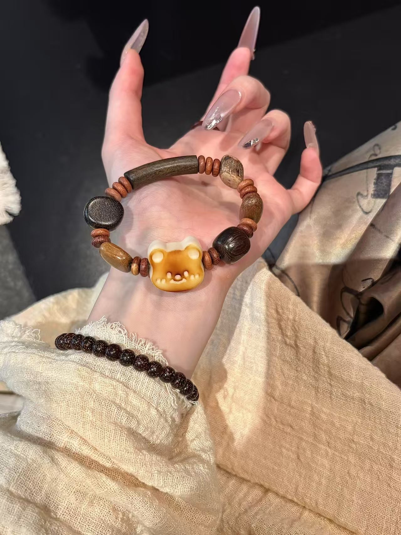 Talismanic Wood Bead Bracelet: Charcoal - Roasted & Milk - Scented Bear Charms