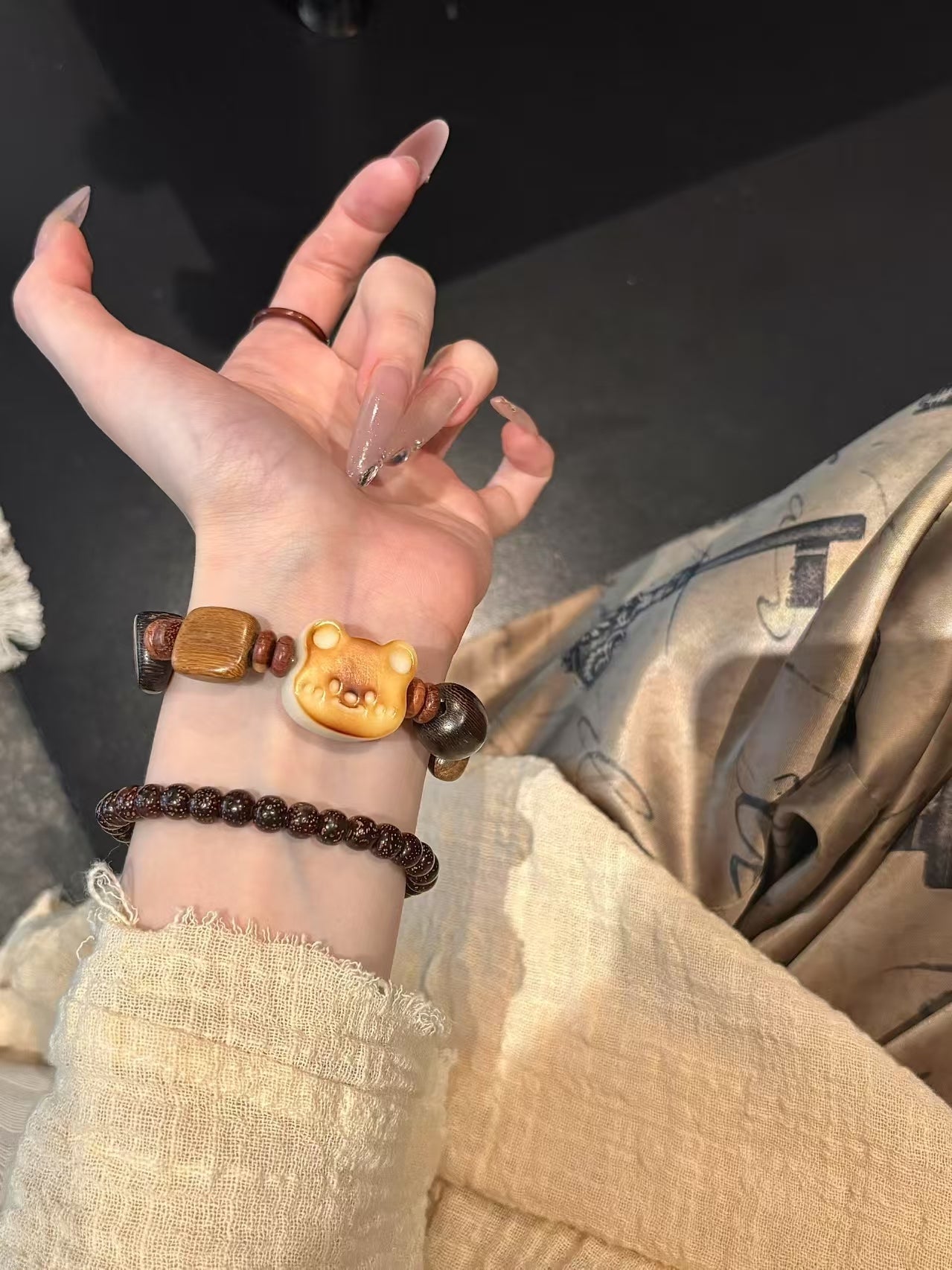 Talismanic Wood Bead Bracelet: Charcoal - Roasted & Milk - Scented Bear Charms