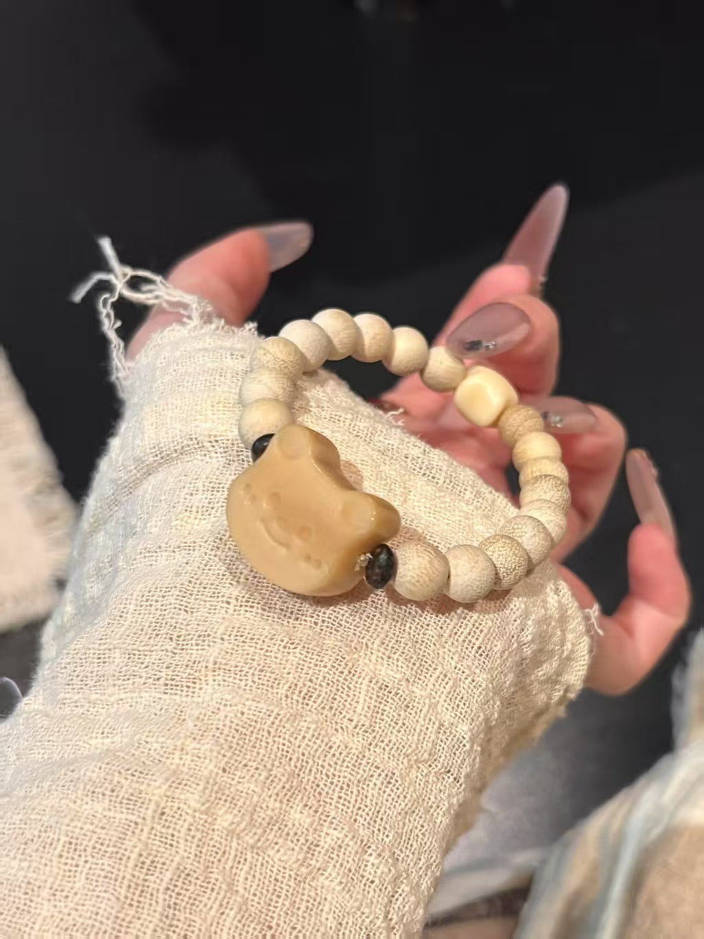 Talismanic Wood Bead Bracelet: Charcoal - Roasted & Milk - Scented Bear Charms