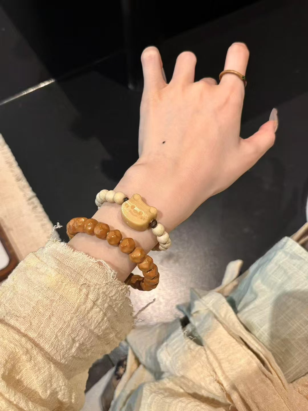 Talismanic Wood Bead Bracelet: Charcoal - Roasted & Milk - Scented Bear Charms