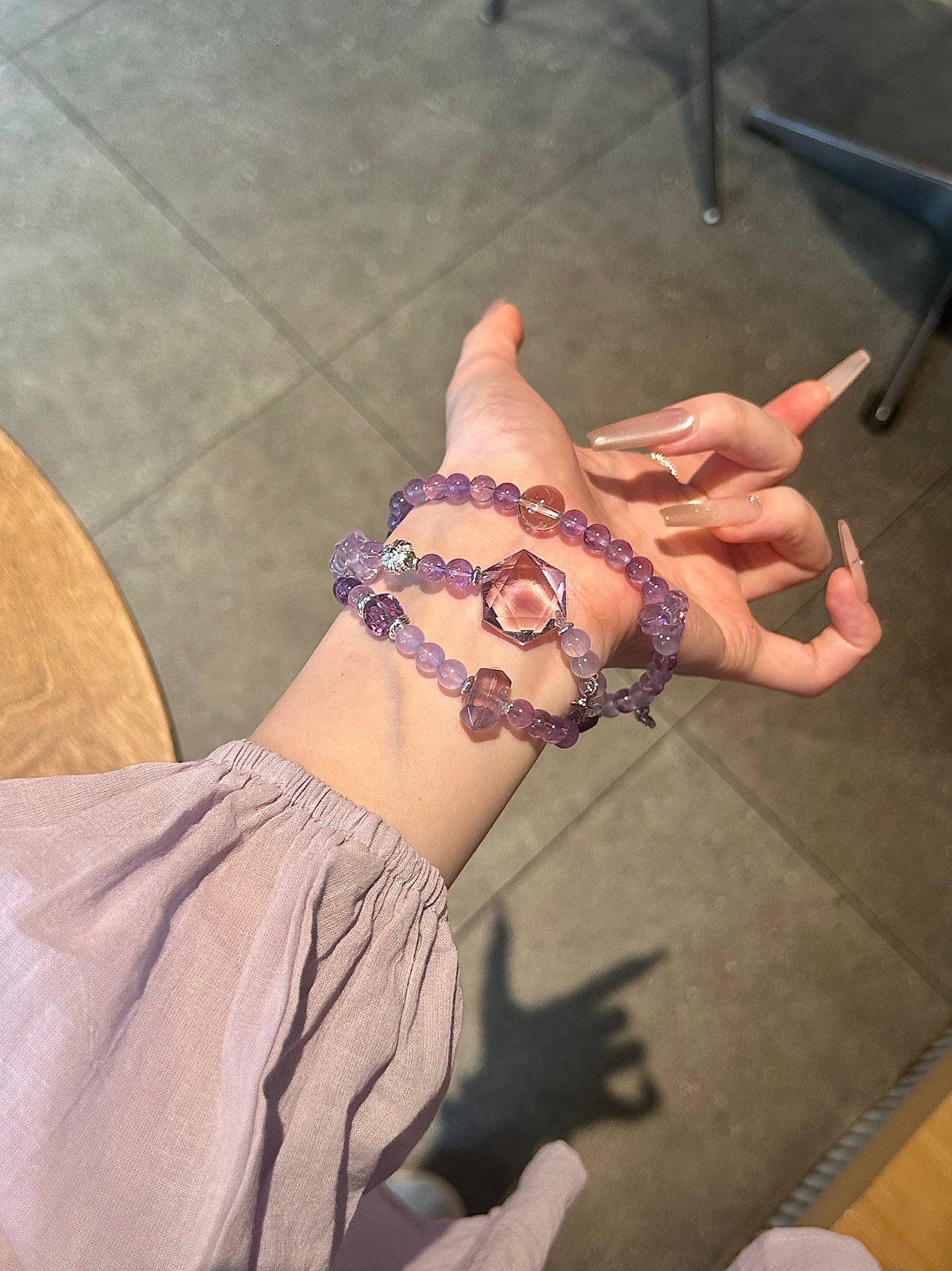 Brazilian Amethyst & Purple Quartz Mystical Hexagram Bracelet Set