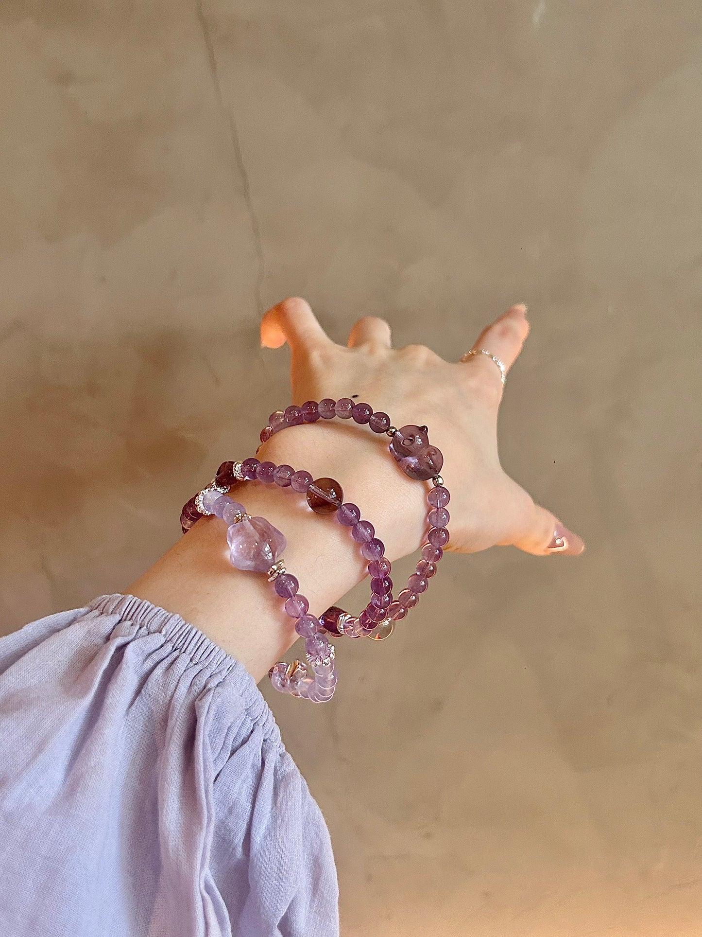 Brazilian Amethyst & Purple Quartz Mystical Hexagram Bracelet Set