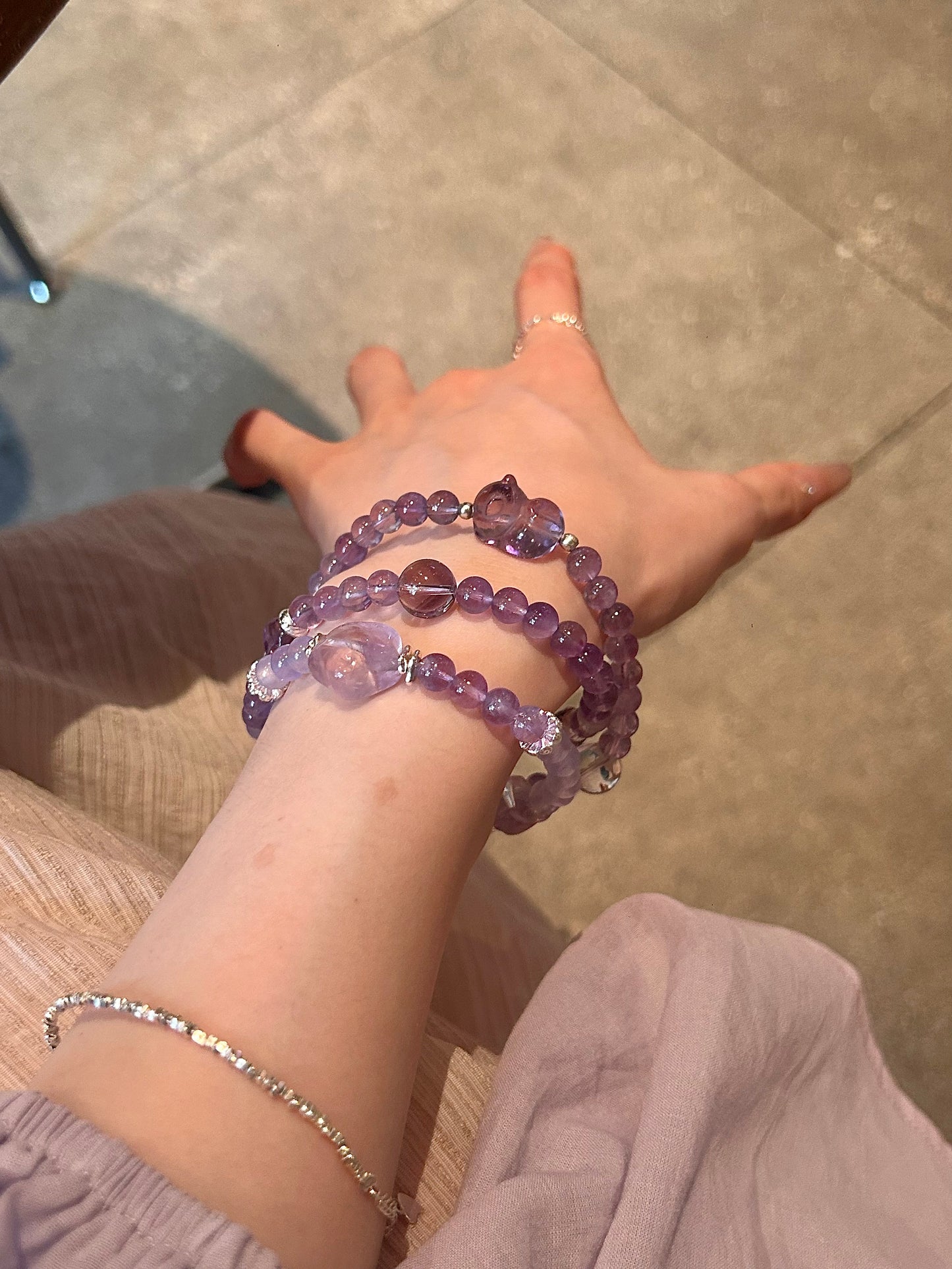 Brazilian Amethyst & Purple Quartz Mystical Hexagram Bracelet Set