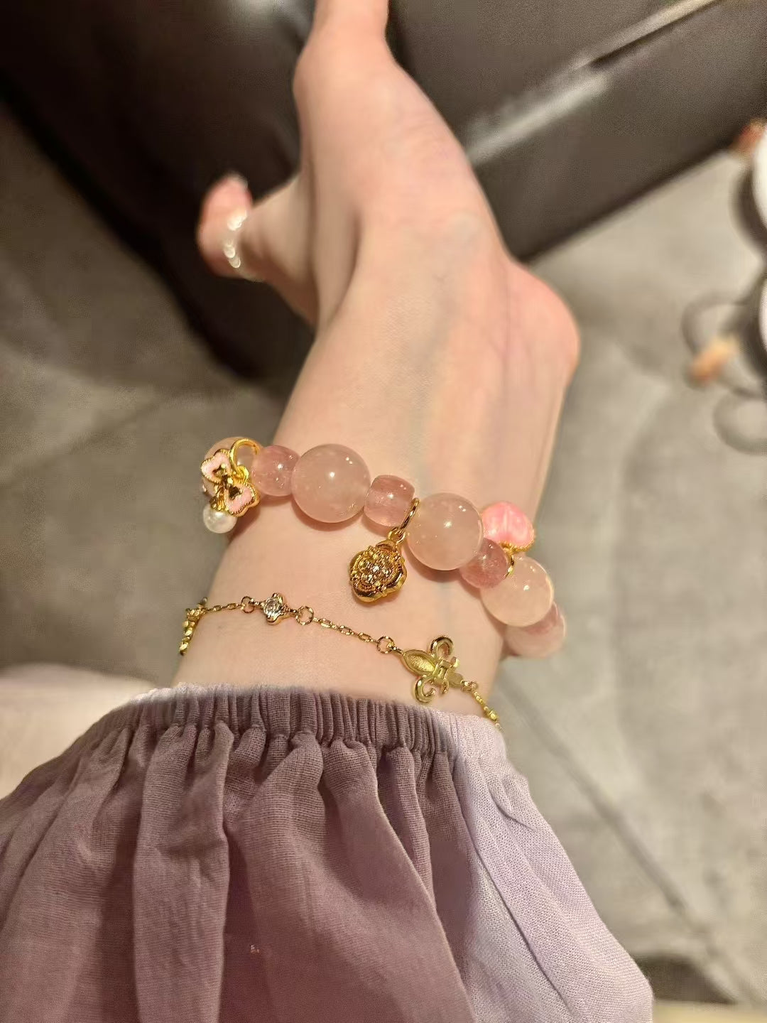 Pink Grapefruit Quartz & Strawberry Quartz Charm Bracelet for Love and Confidence