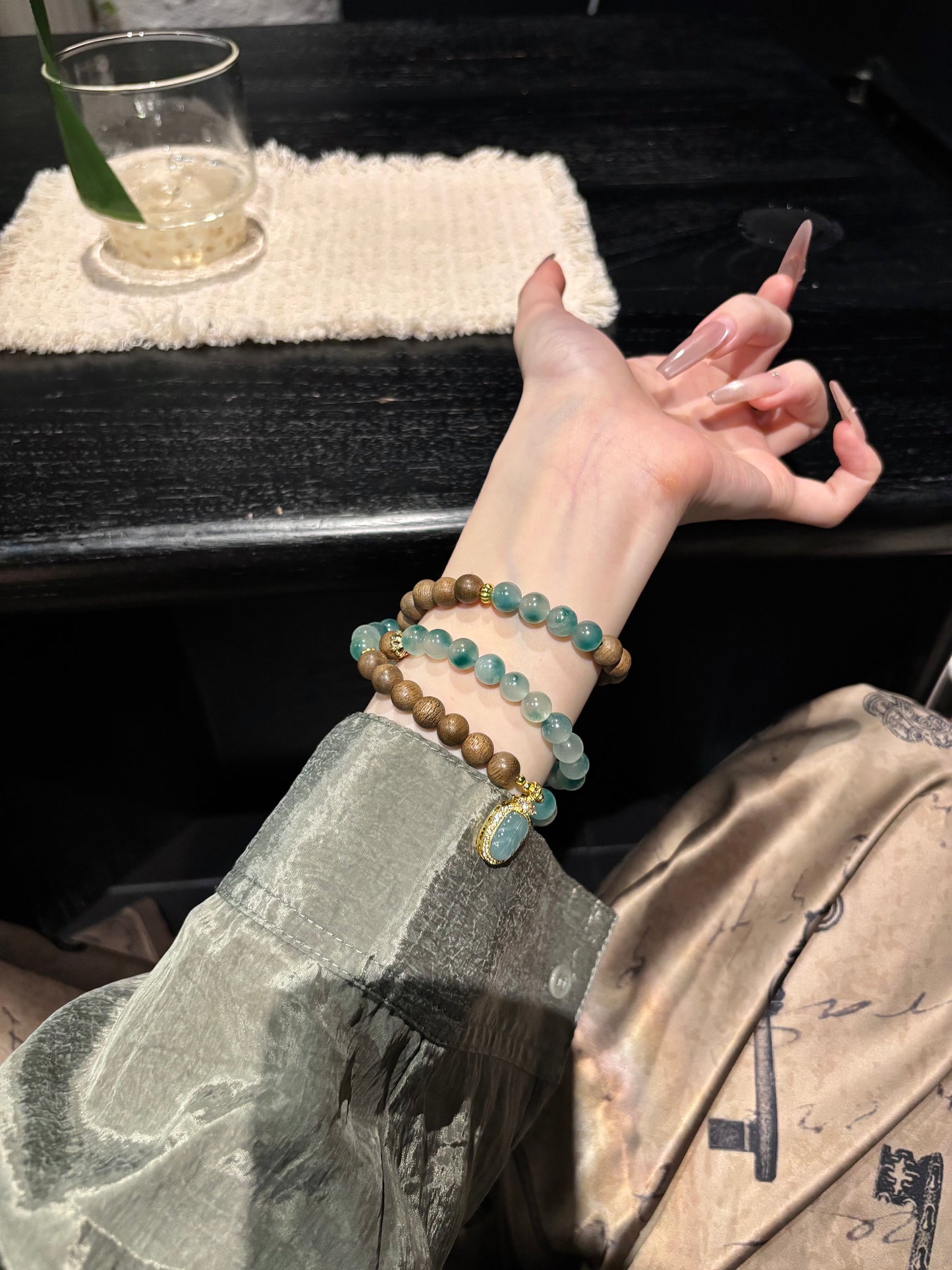 Spiritual Protection: Hetian Jade, Sandalwood, Agate & Water - Foam Jade Leaf Bracelet