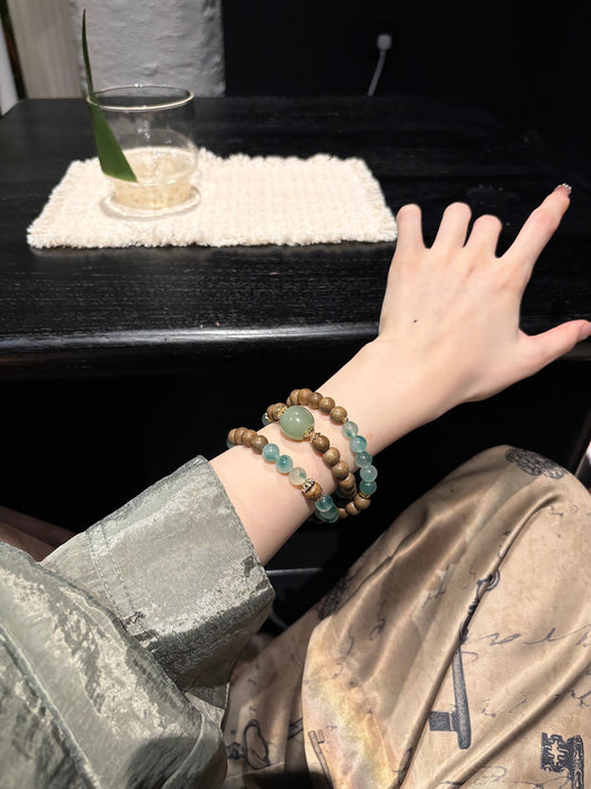 Spiritual Protection: Hetian Jade, Sandalwood, Agate & Water - Foam Jade Leaf Bracelet