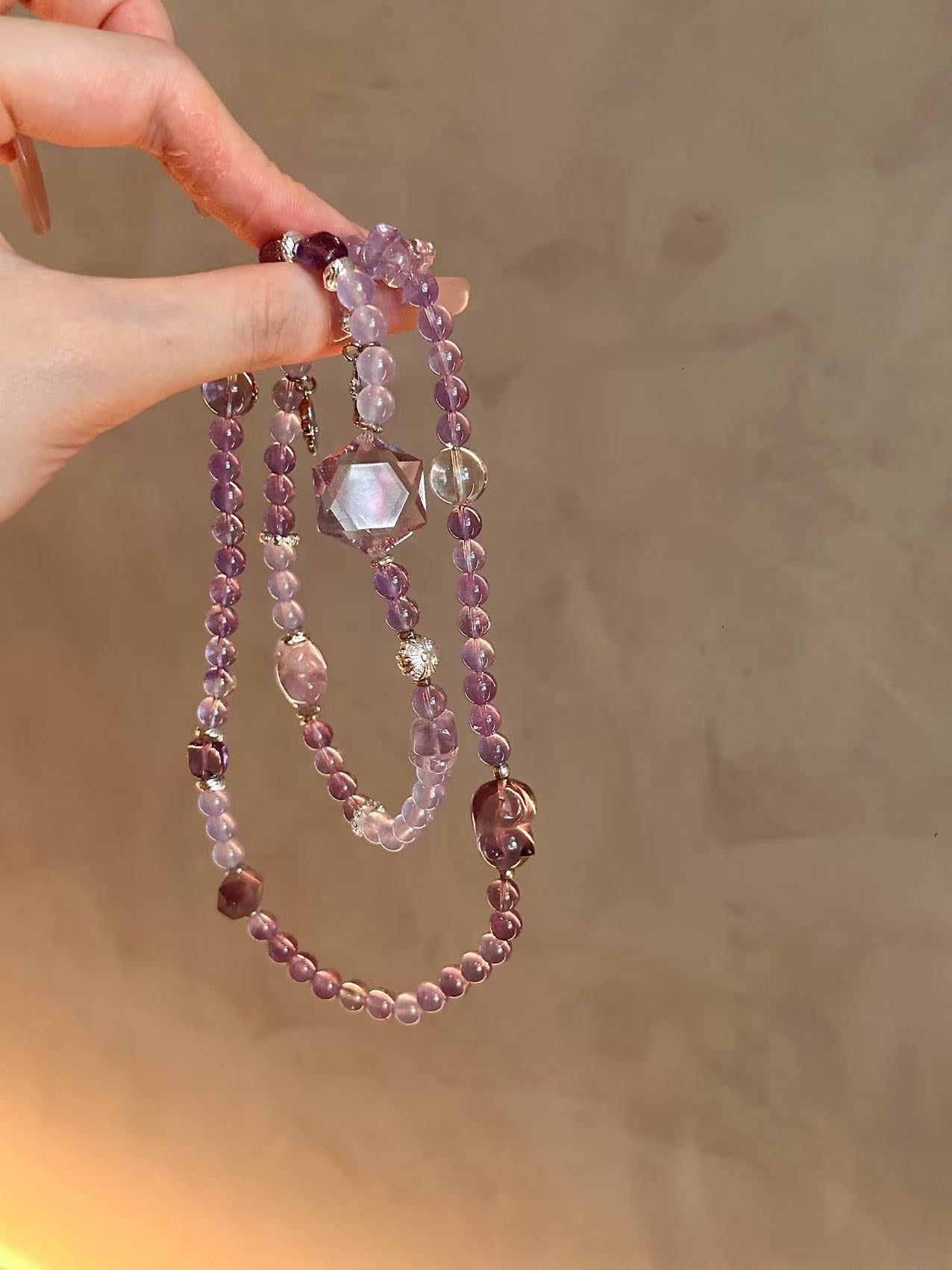 Tri - loop Purple Reverie: Amethyst and Purple Quartz Triple - strand Bracelet Set