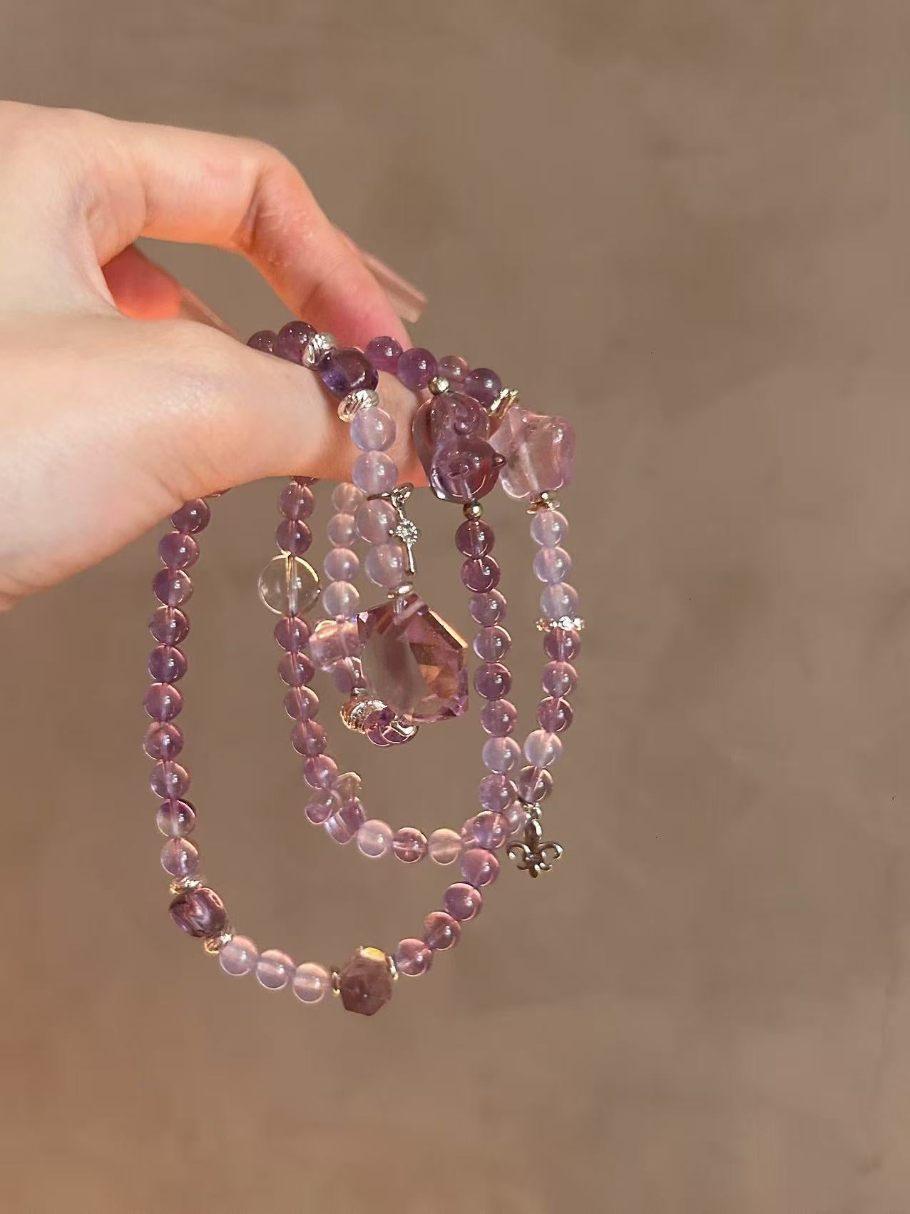 Tri - loop Purple Reverie: Amethyst and Purple Quartz Triple - strand Bracelet Set