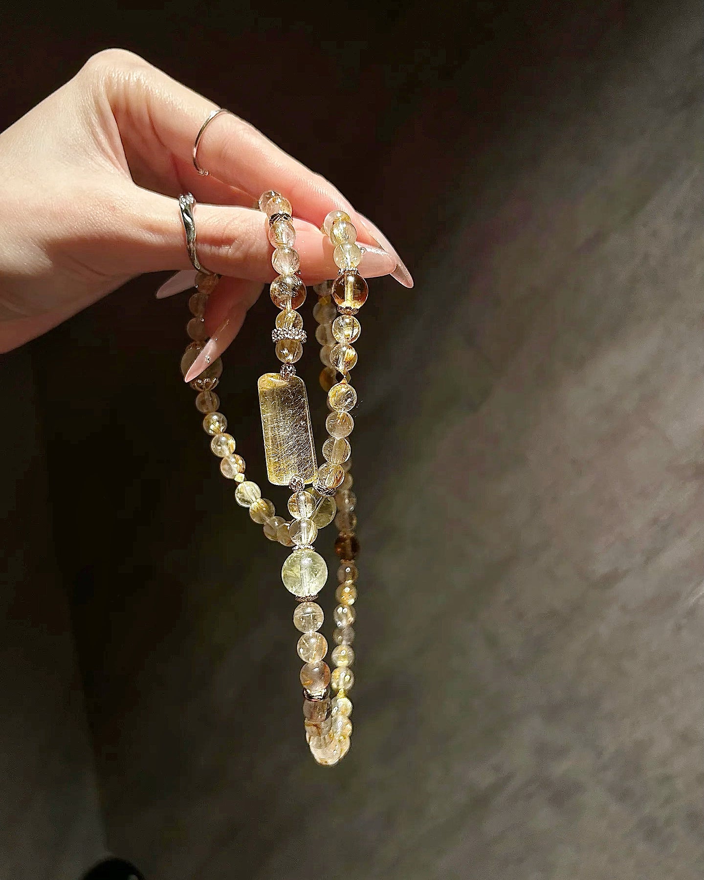 Tranquil Golden Rutilated Quartz Tri - layer Bracelet with Peace Amulet