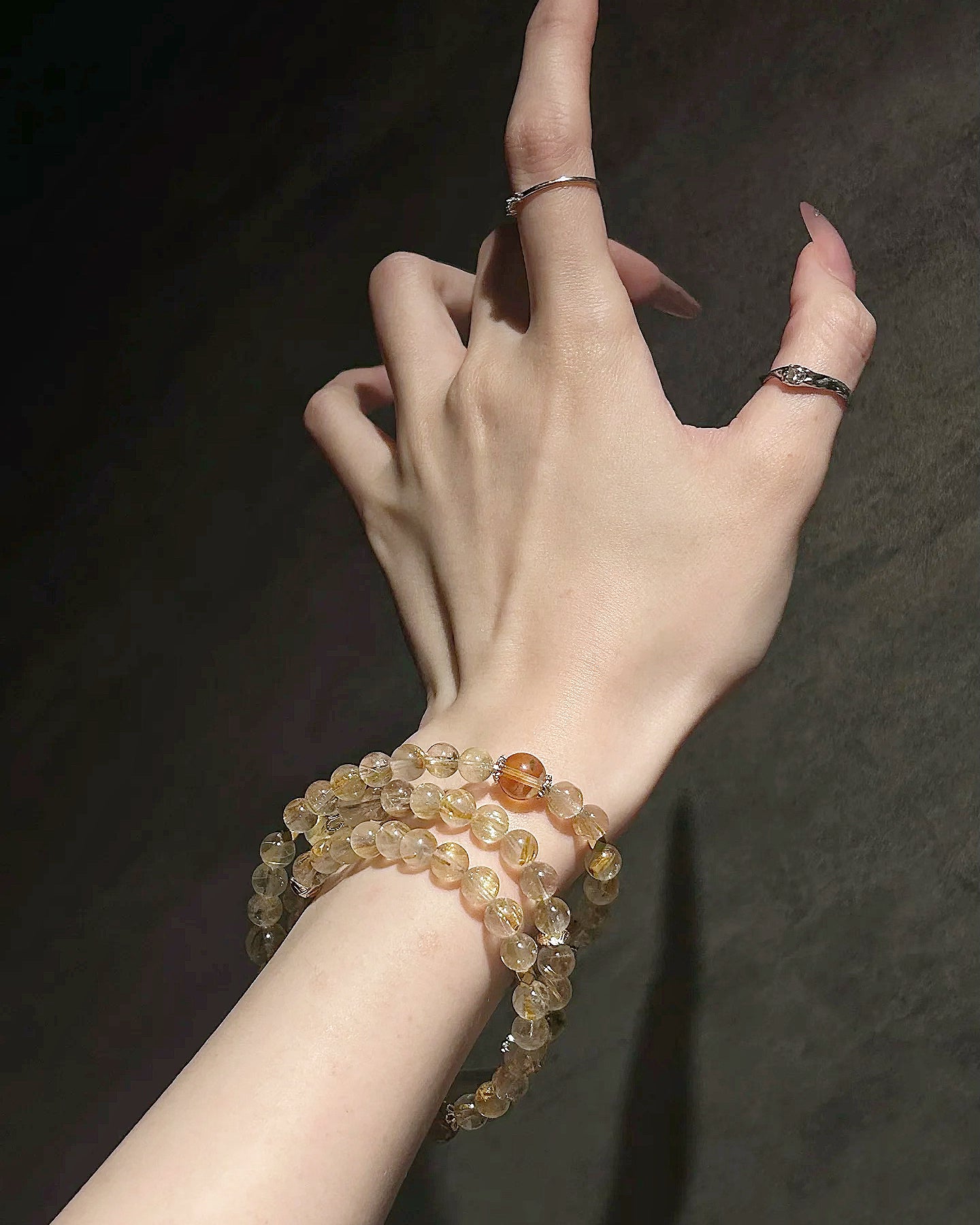 Tranquil Golden Rutilated Quartz Tri - layer Bracelet with Peace Amulet