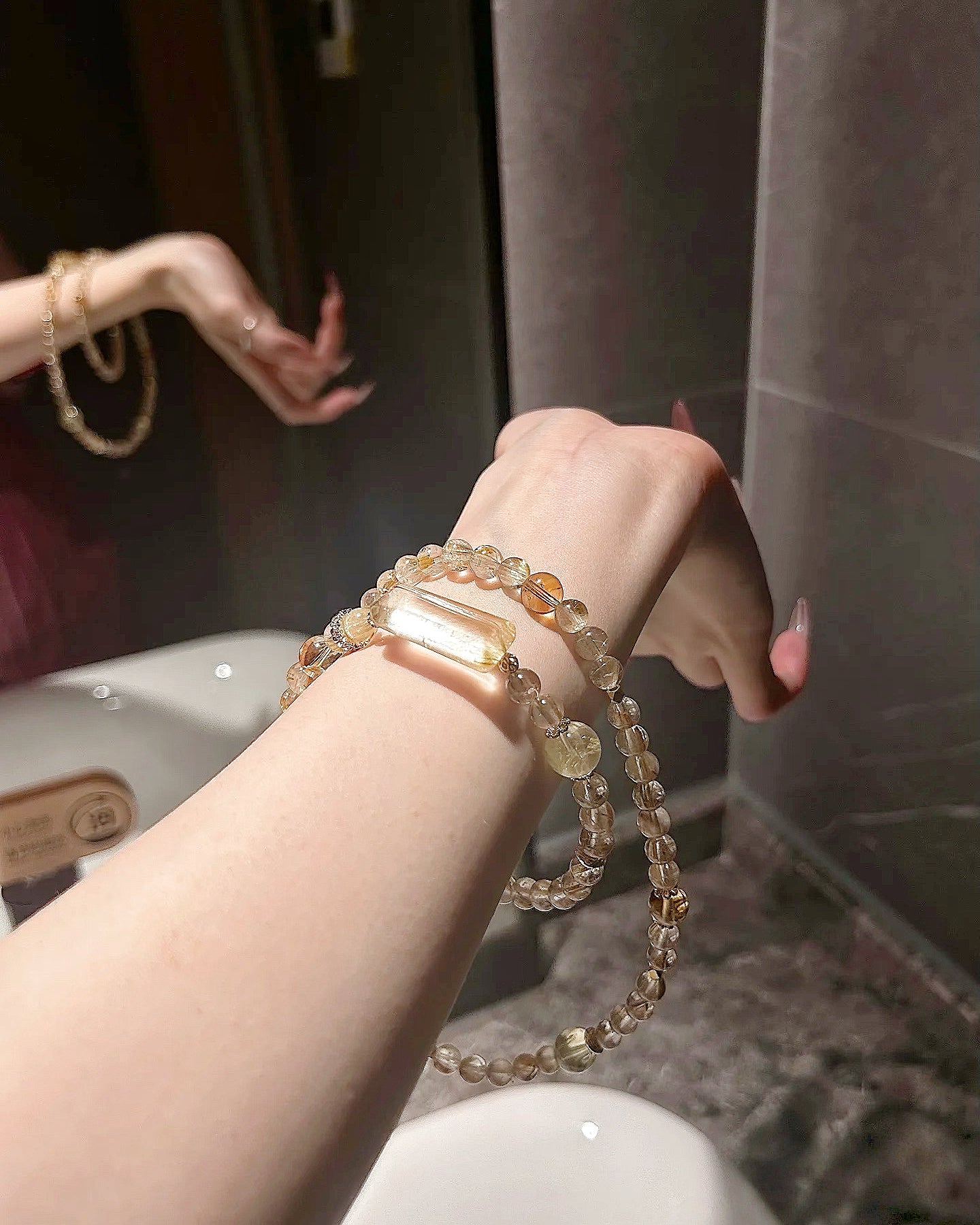 Tranquil Golden Rutilated Quartz Tri - layer Bracelet with Peace Amulet