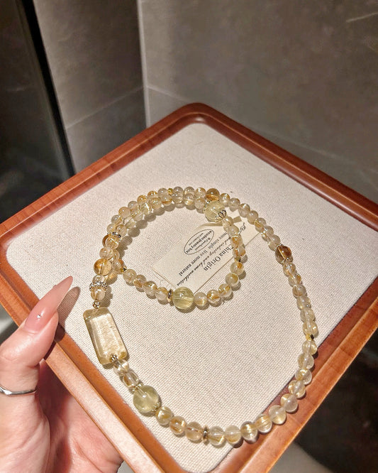 Tranquil Golden Rutilated Quartz Tri - layer Bracelet with Peace Amulet