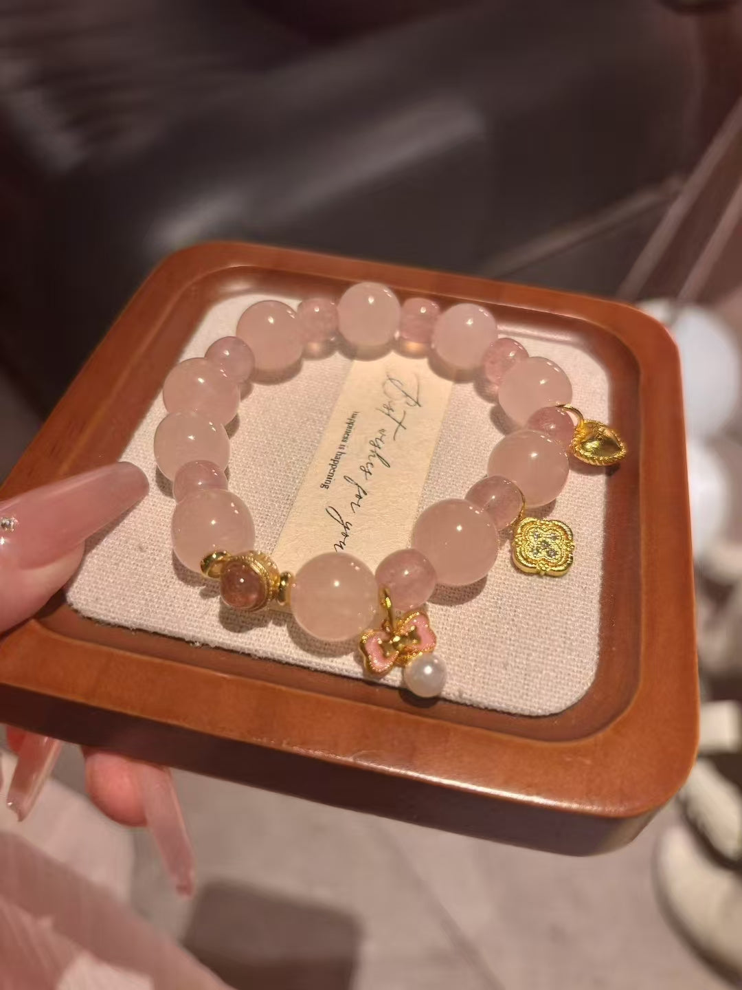 Blushing Love: Grapefruit Pink and Strawberry Quartz Charm Bracelet