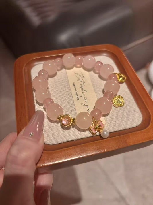 Blushing Love: Grapefruit Pink and Strawberry Quartz Charm Bracelet