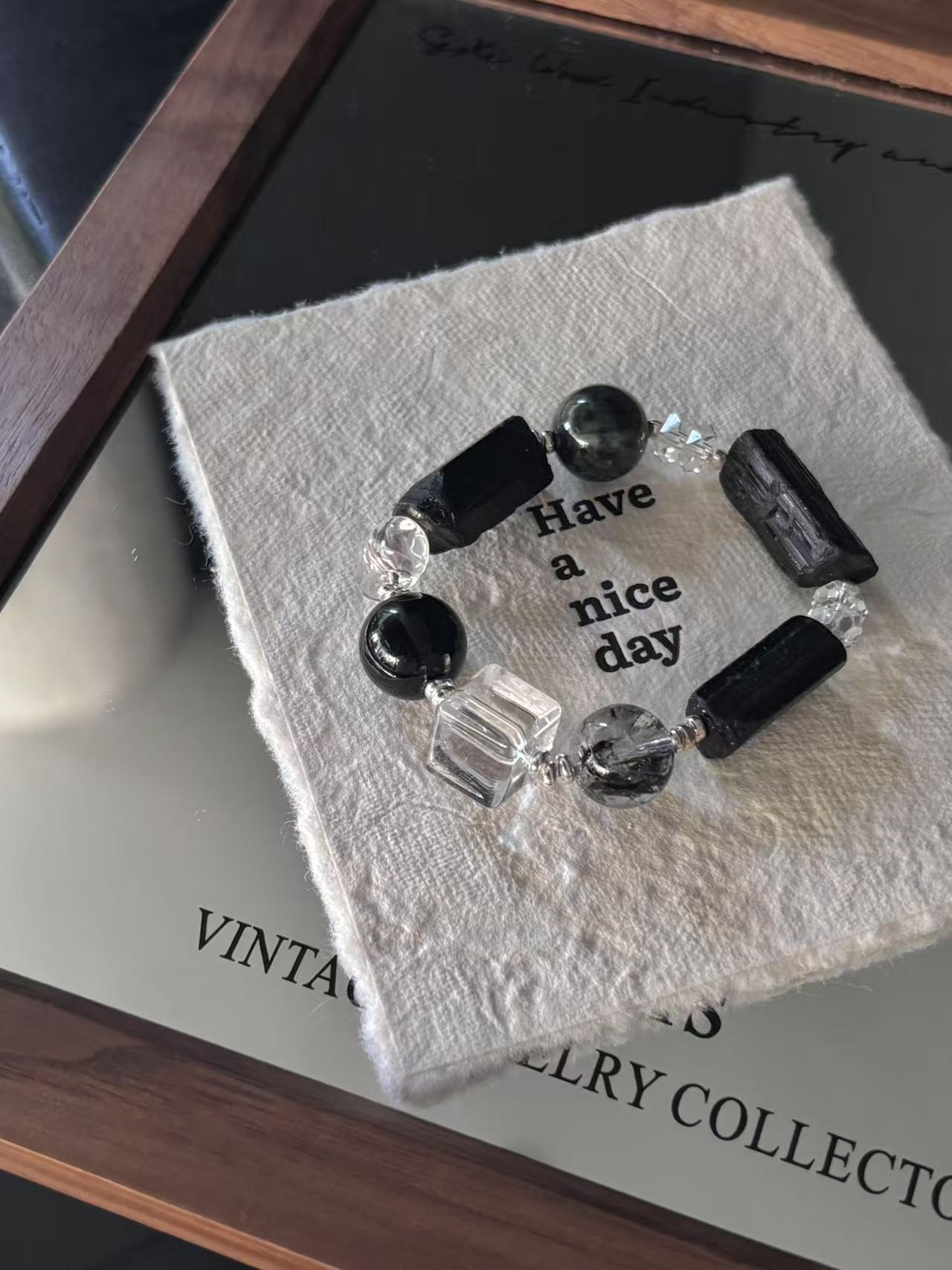 Dual - Energy Harmony: Clear Quartz and Black Flash Crystal Healing Bracelet