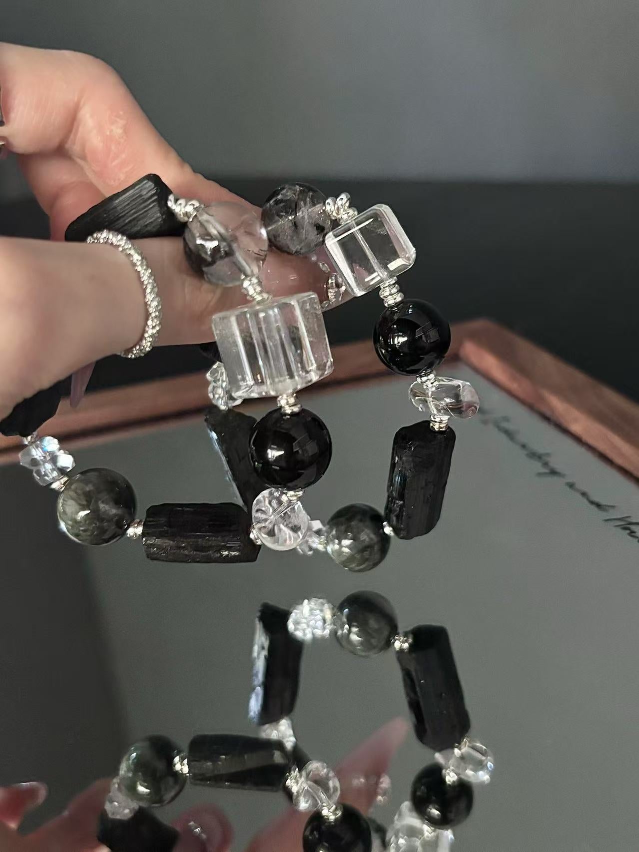 Dual - Energy Harmony: Clear Quartz and Black Flash Crystal Healing Bracelet