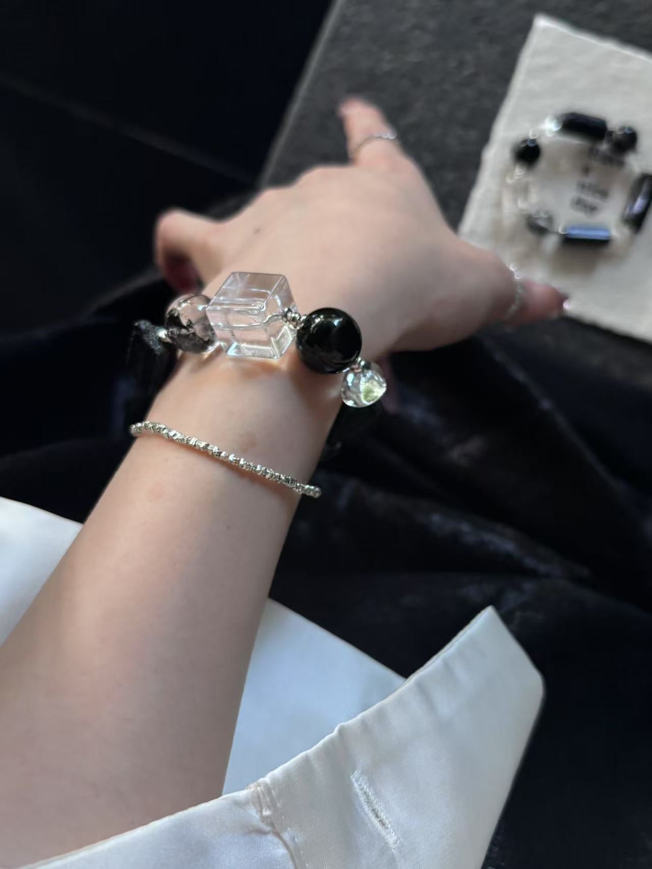 Dual - Energy Harmony: Clear Quartz and Black Flash Crystal Healing Bracelet