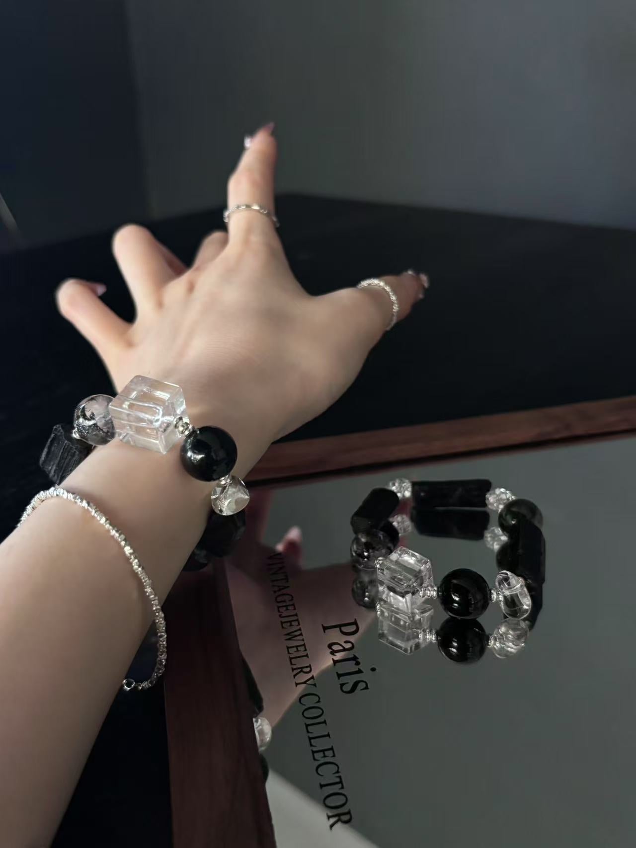 Dual - Energy Harmony: Clear Quartz and Black Flash Crystal Healing Bracelet