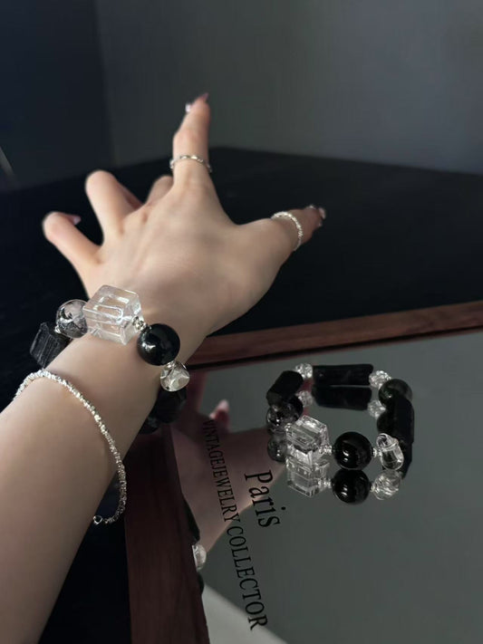 Dual - Energy Harmony: Clear Quartz and Black Flash Crystal Healing Bracelet