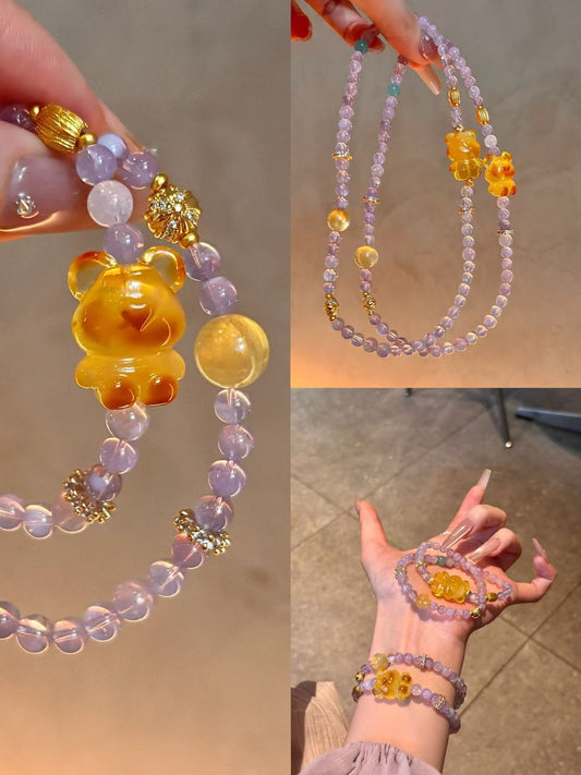 Purple Enchantment: Purple Quartz and Amber Bear Charm Bracelet Set