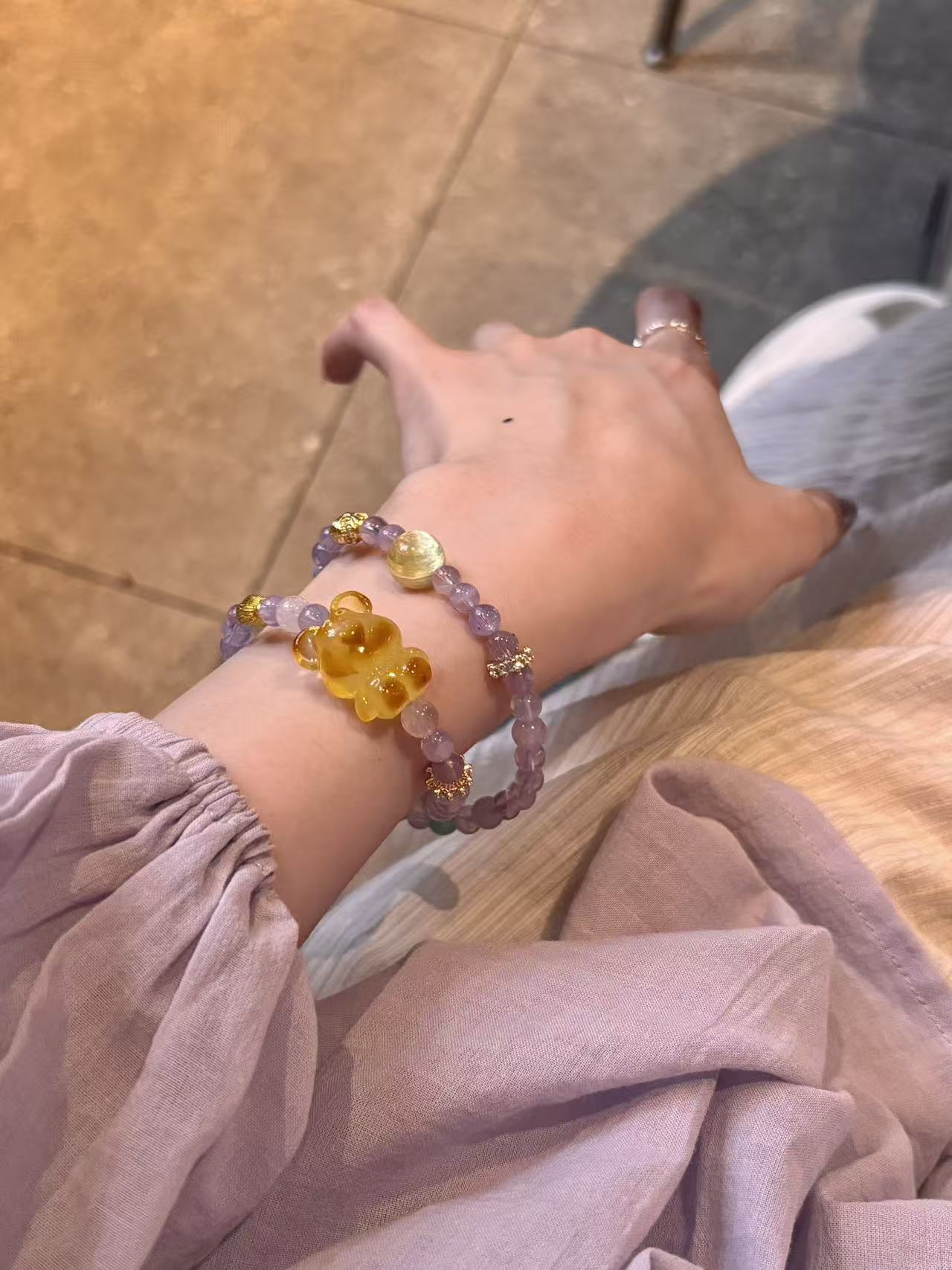 Purple Enchantment: Purple Quartz and Amber Bear Charm Bracelet Set