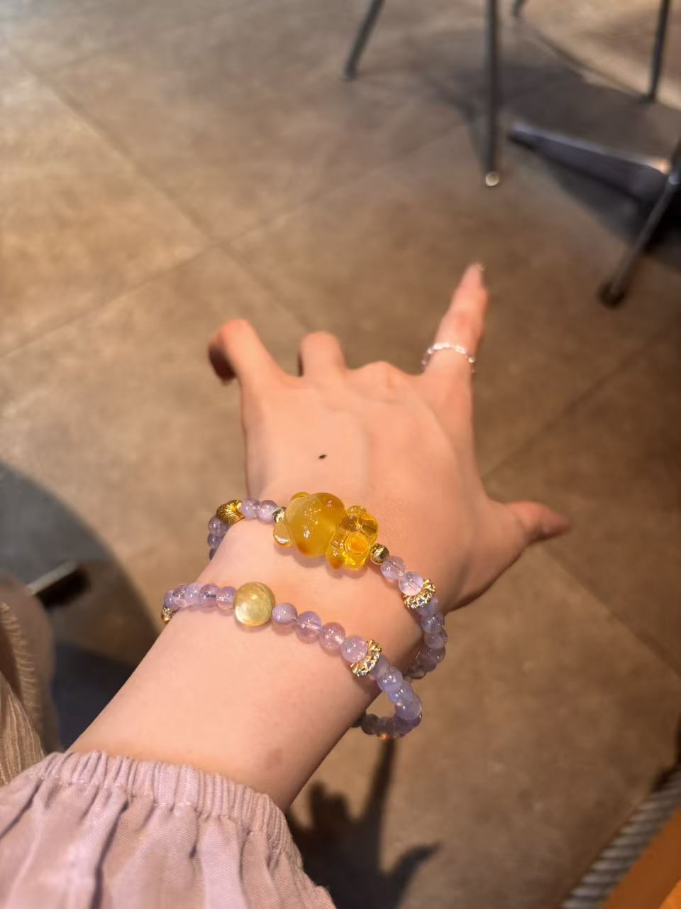 Purple Enchantment: Purple Quartz and Amber Bear Charm Bracelet Set