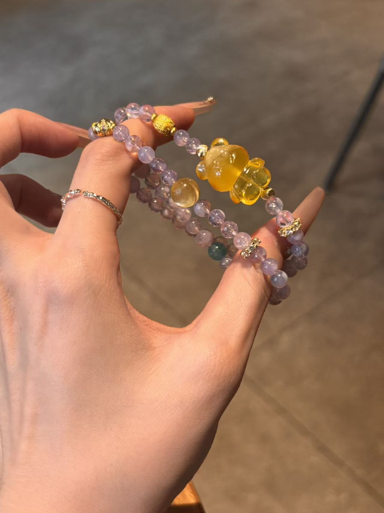 Purple Enchantment: Purple Quartz and Amber Bear Charm Bracelet Set