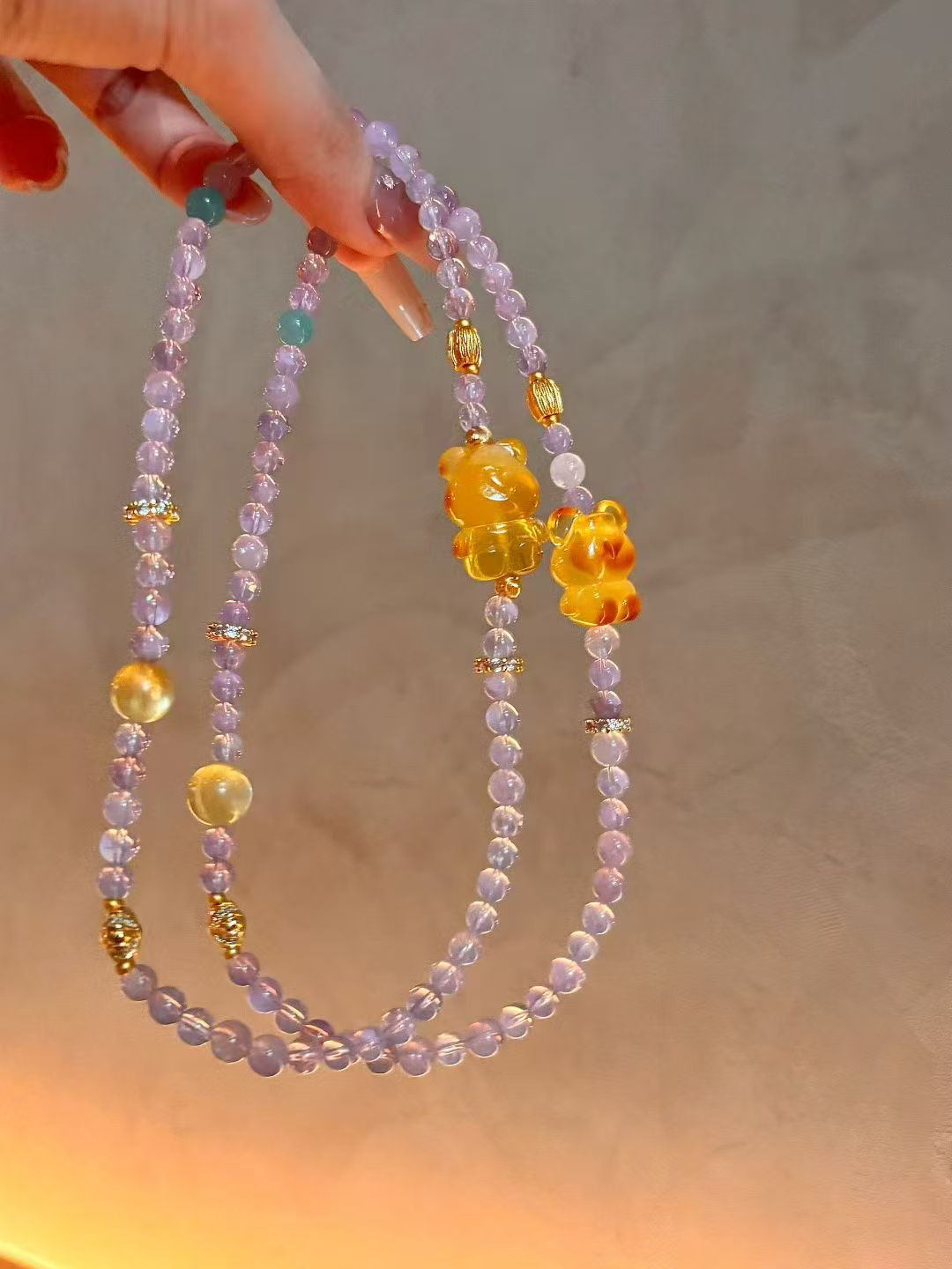 Purple Enchantment: Purple Quartz and Amber Bear Charm Bracelet Set