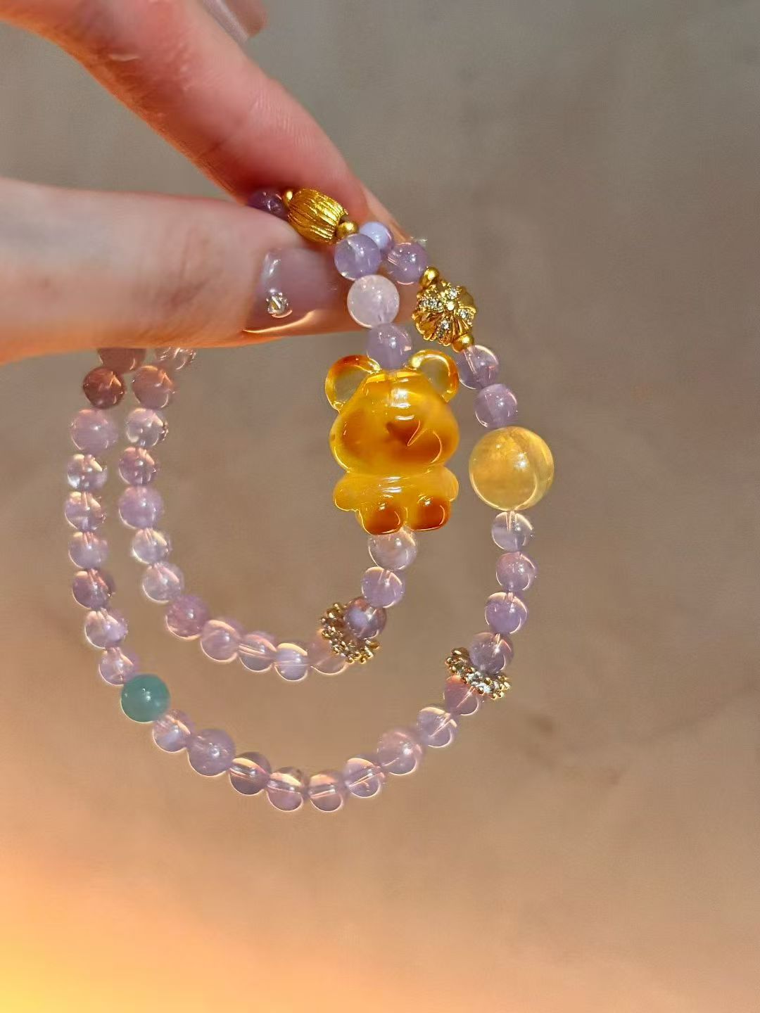 Purple Enchantment: Purple Quartz and Amber Bear Charm Bracelet Set