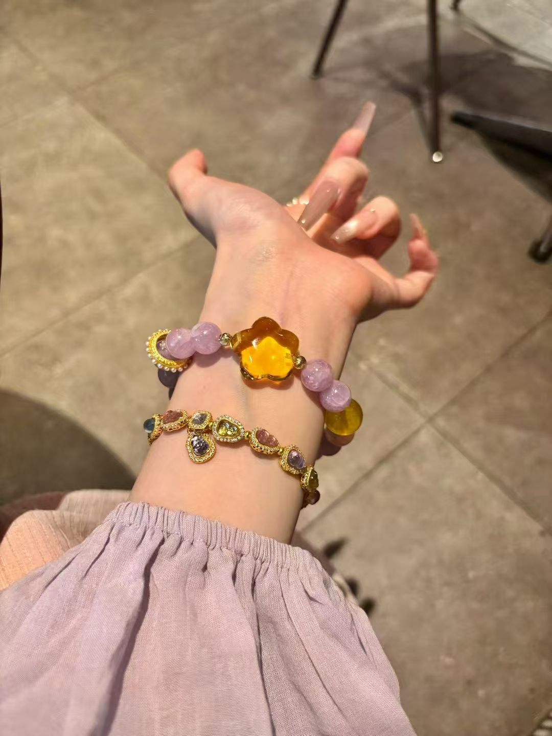 Lavender Radiance: Kunzite and Amber Harmony Bracelet