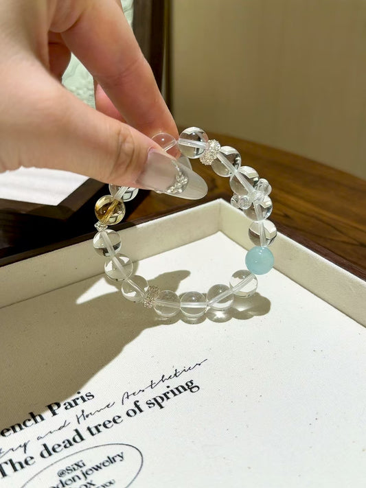 Harmonious Radiance: Clear Quartz, Aquamarine & Yellow Pagoda Crystal Bracelet