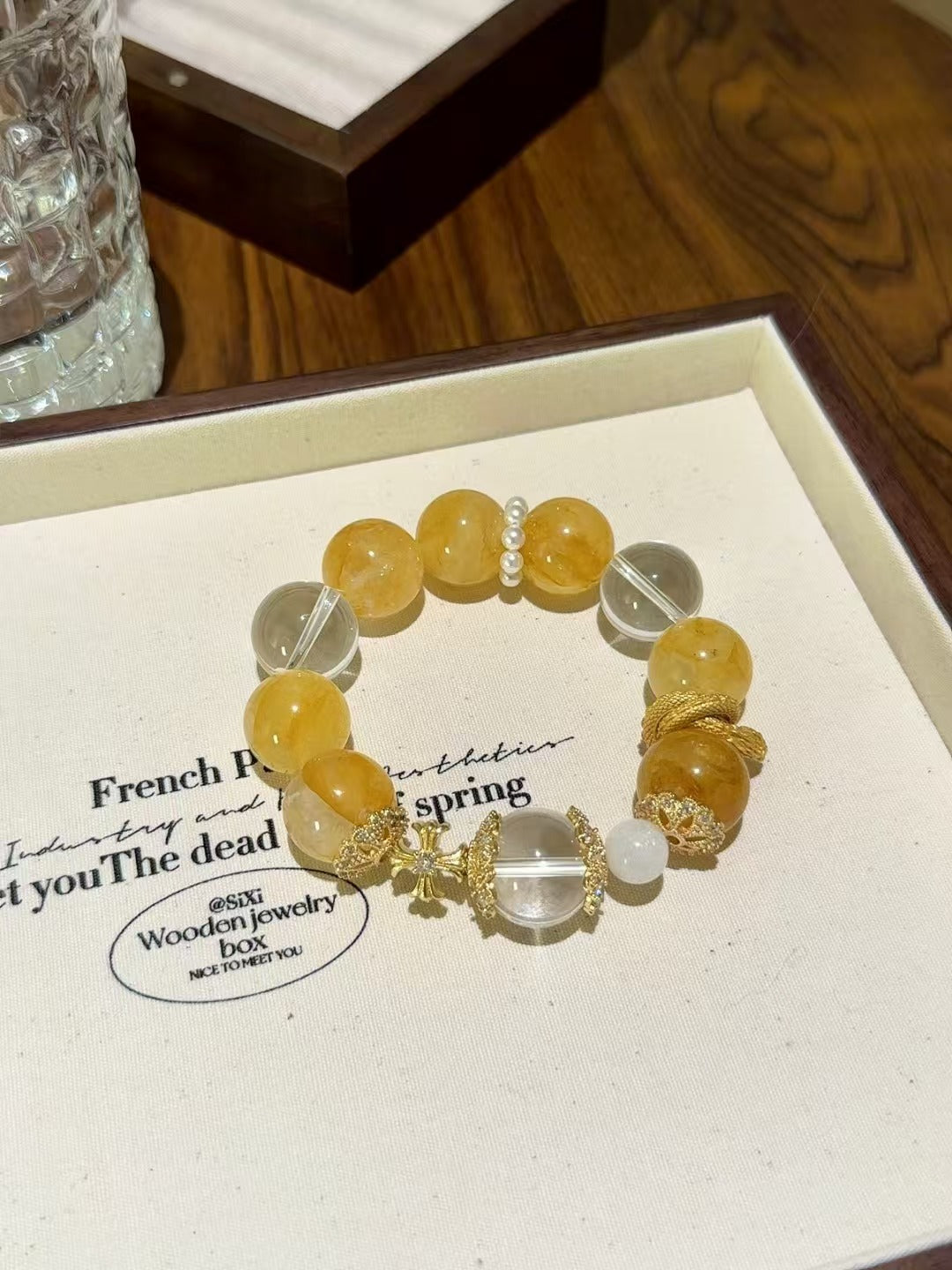 Golden Radiance: Yellow Epoxy Flower, Clear Quartz & Blue Moonstone Healing Bracelet (17mm)