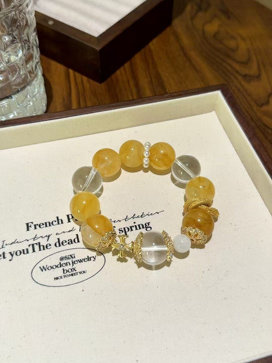 Golden Radiance: Yellow Epoxy Flower, Clear Quartz & Blue Moonstone Healing Bracelet (17mm)