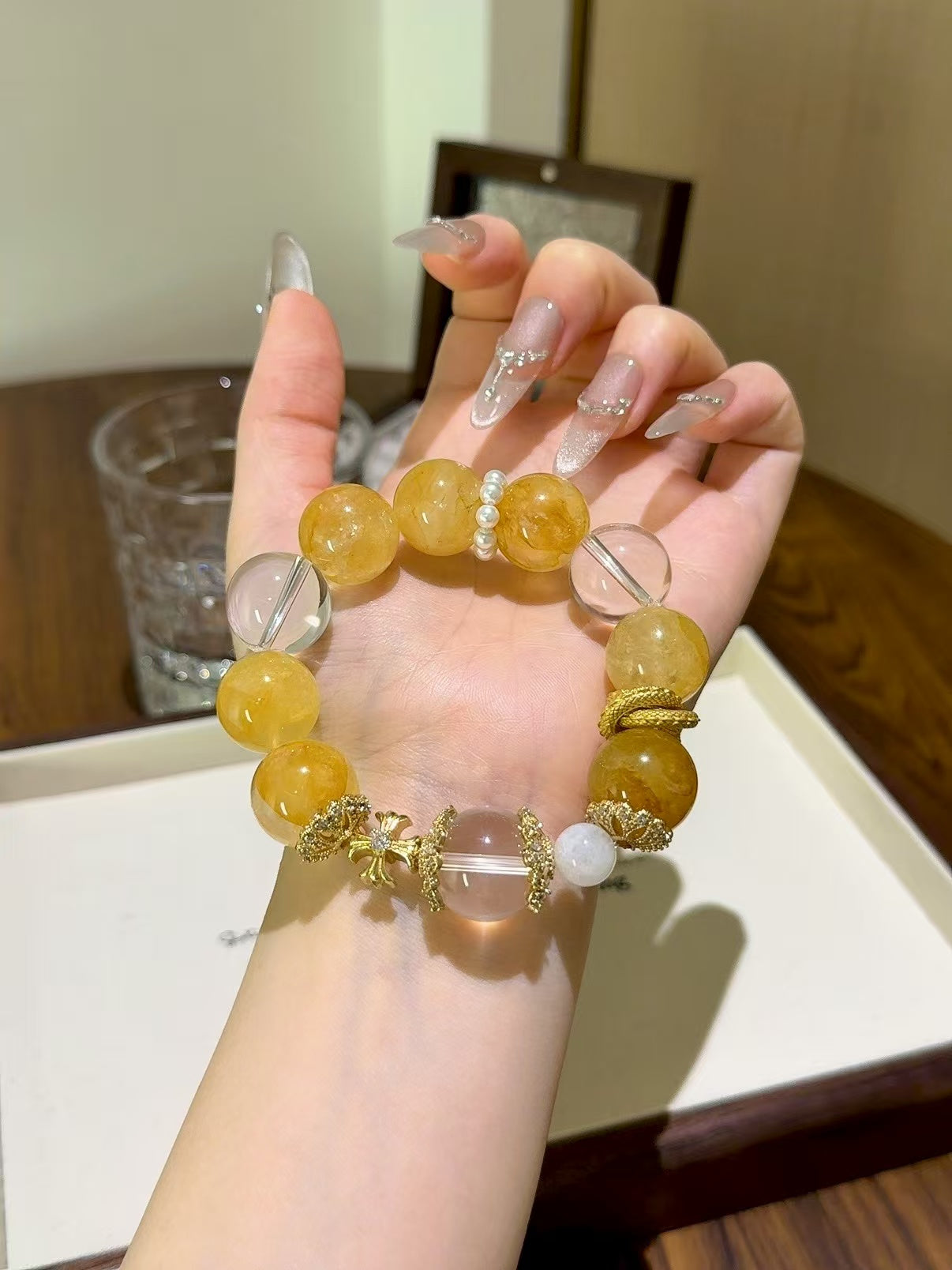 Golden Radiance: Yellow Epoxy Flower, Clear Quartz & Blue Moonstone Healing Bracelet (17mm)