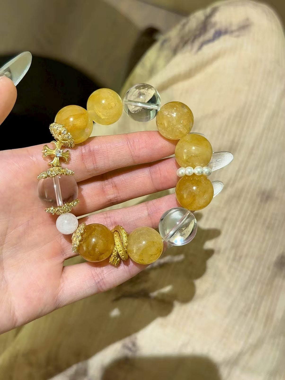 Golden Radiance: Yellow Epoxy Flower, Clear Quartz & Blue Moonstone Healing Bracelet (17mm)